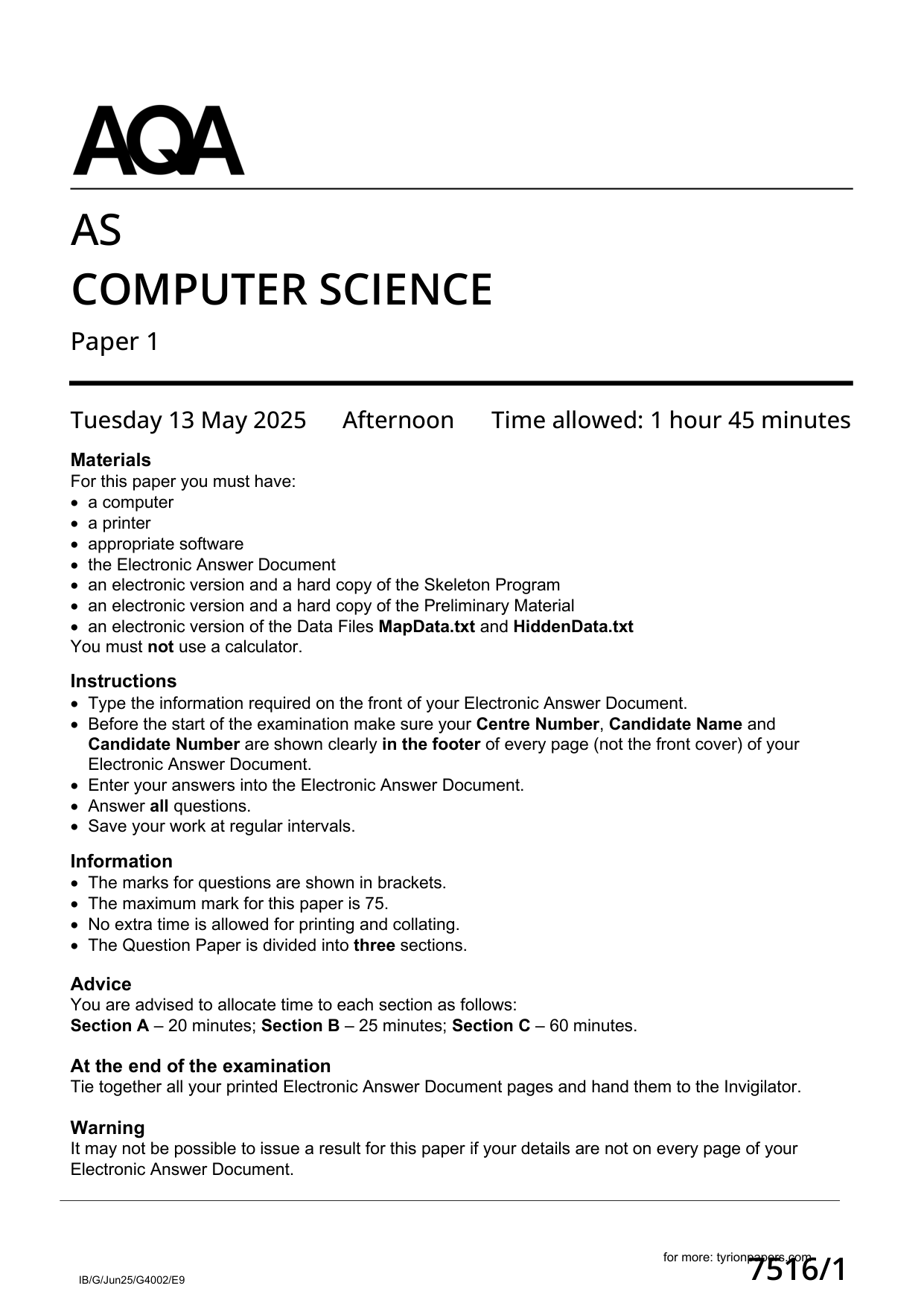 AQA AS Computer Science Paper 1 2025 Question Paper