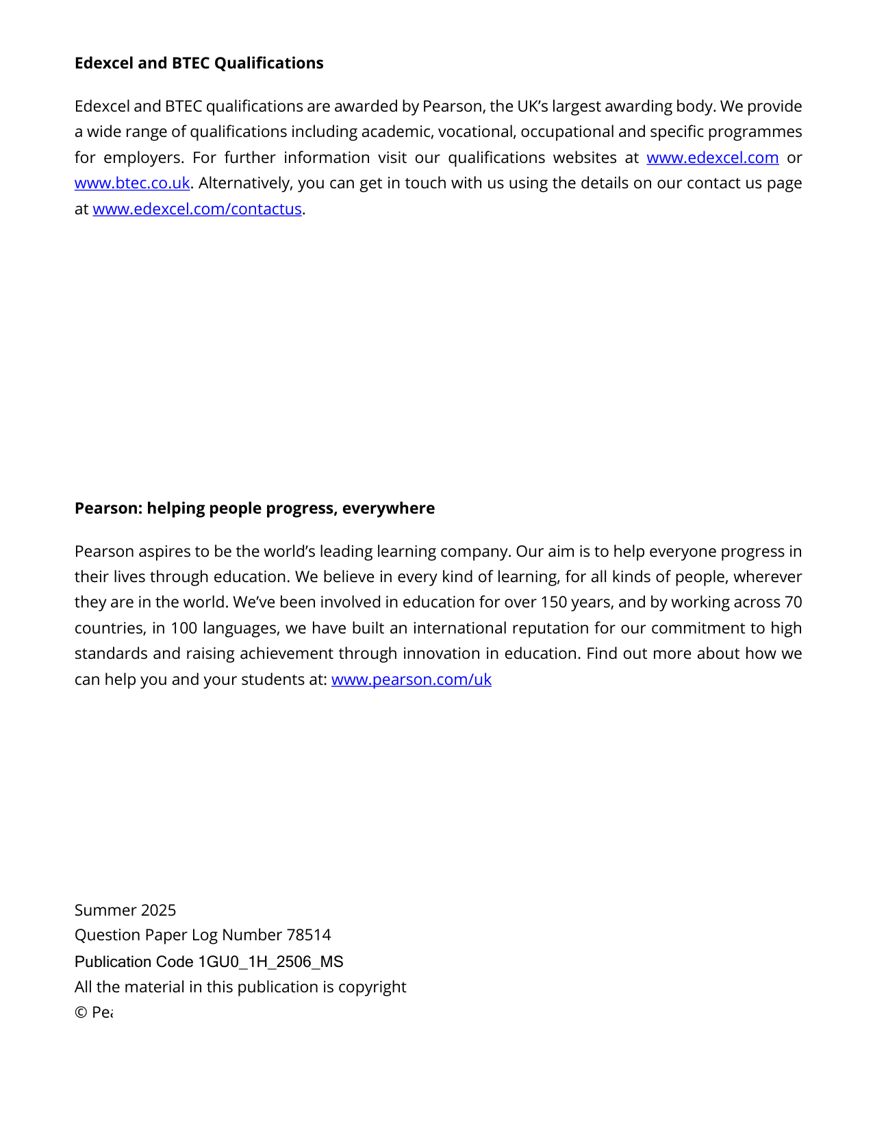 Pearson Edexcel GCSE Gujarati Paper 1H 2025 Mark Scheme PDF