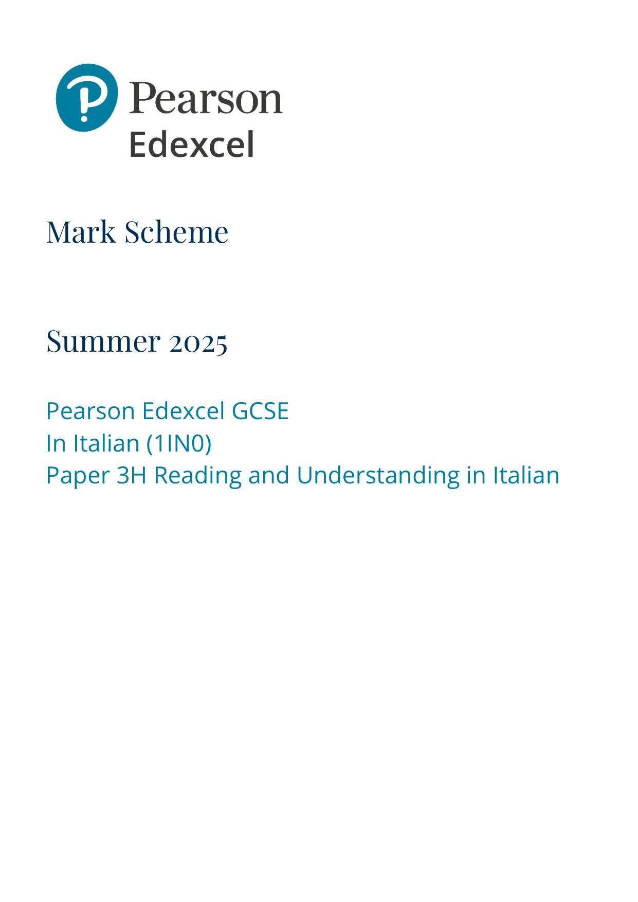 Pearson Edexcel GCSE Italian 2025 Paper 3h Mark Scheme PDF