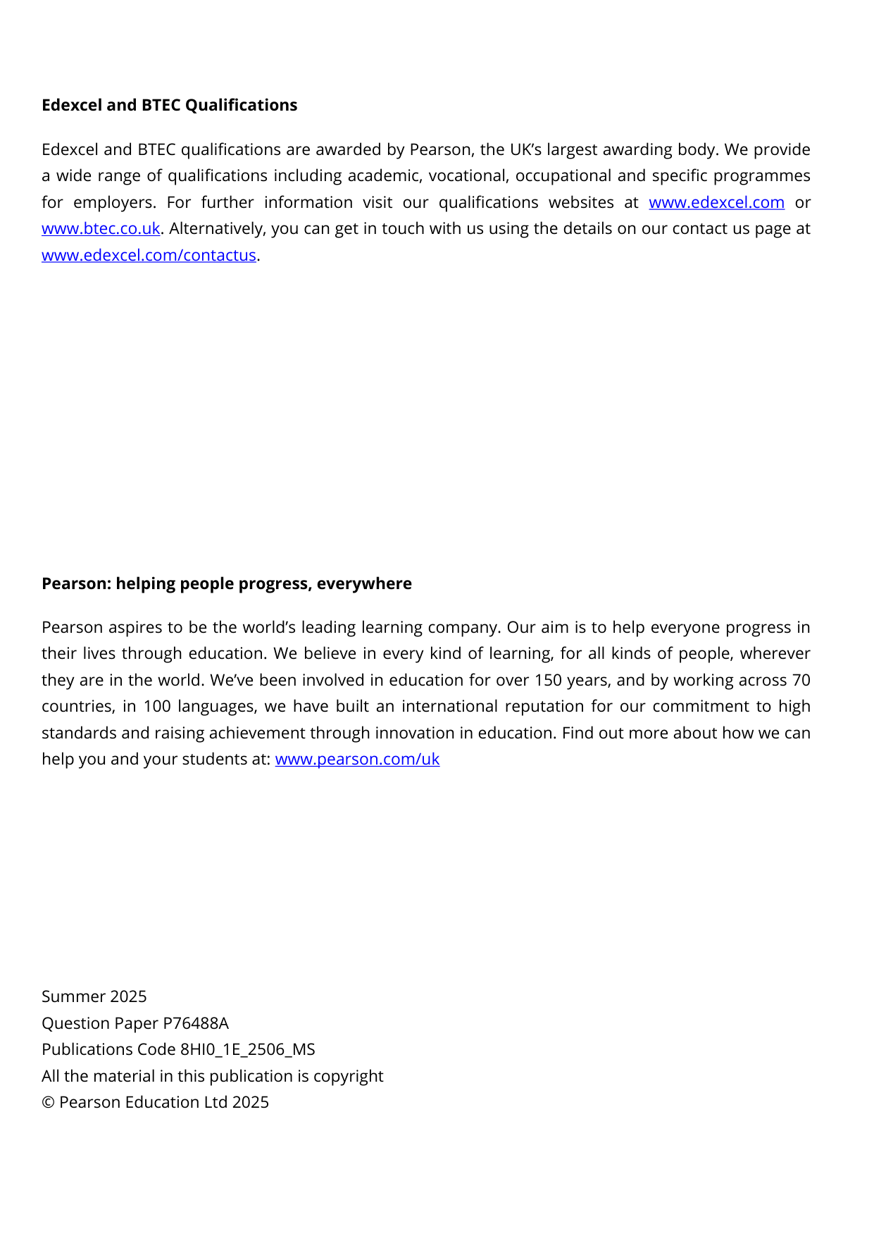 Pearson Edexcel AS History Paper 1E 2025 Mark Scheme PDF
