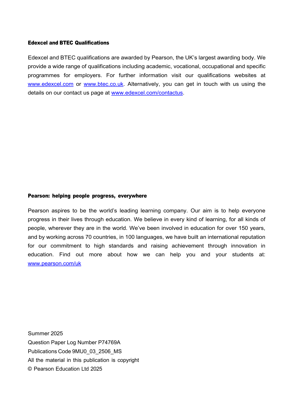 Pearson Edexcel A Level Music Component 3 2025 Mark Scheme