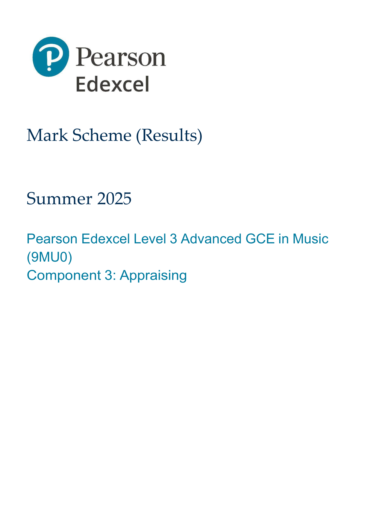 Pearson Edexcel A Level Music Component 3 2025 Mark Scheme