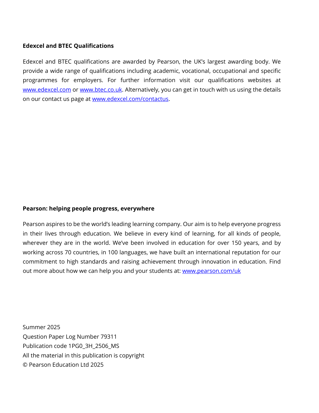 Pearson Edexcel GCSE Portuguese Paper 3H 2025 Mark Scheme