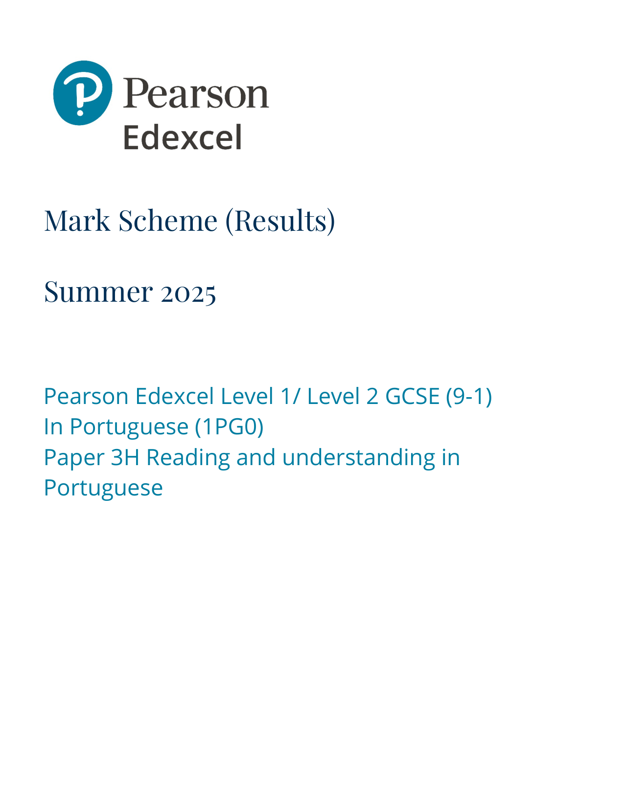 Pearson Edexcel GCSE Portuguese Paper 3H 2025 Mark Scheme