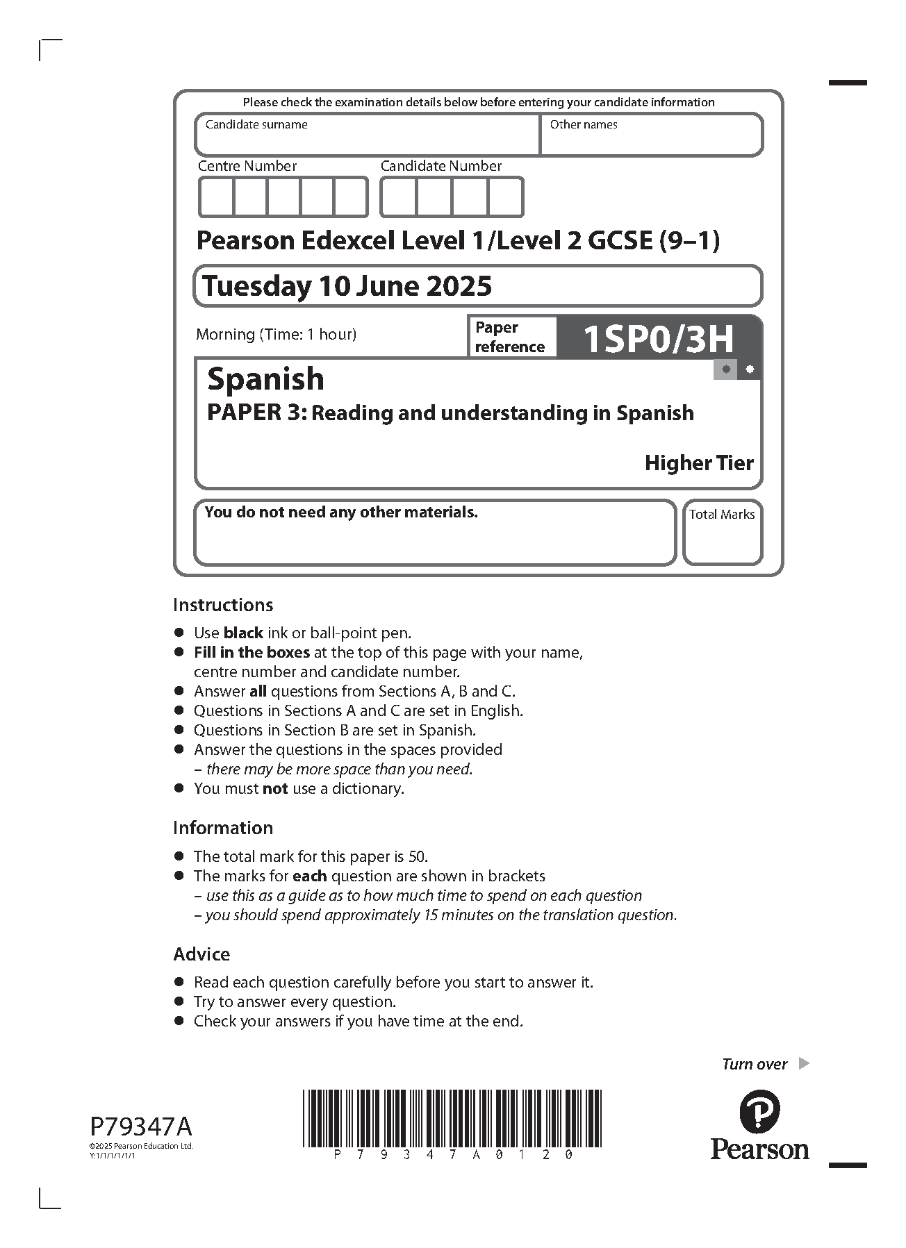 Pearson Edexcel GCSE Spanish Paper 3H 2025 Question Paper IMG-1