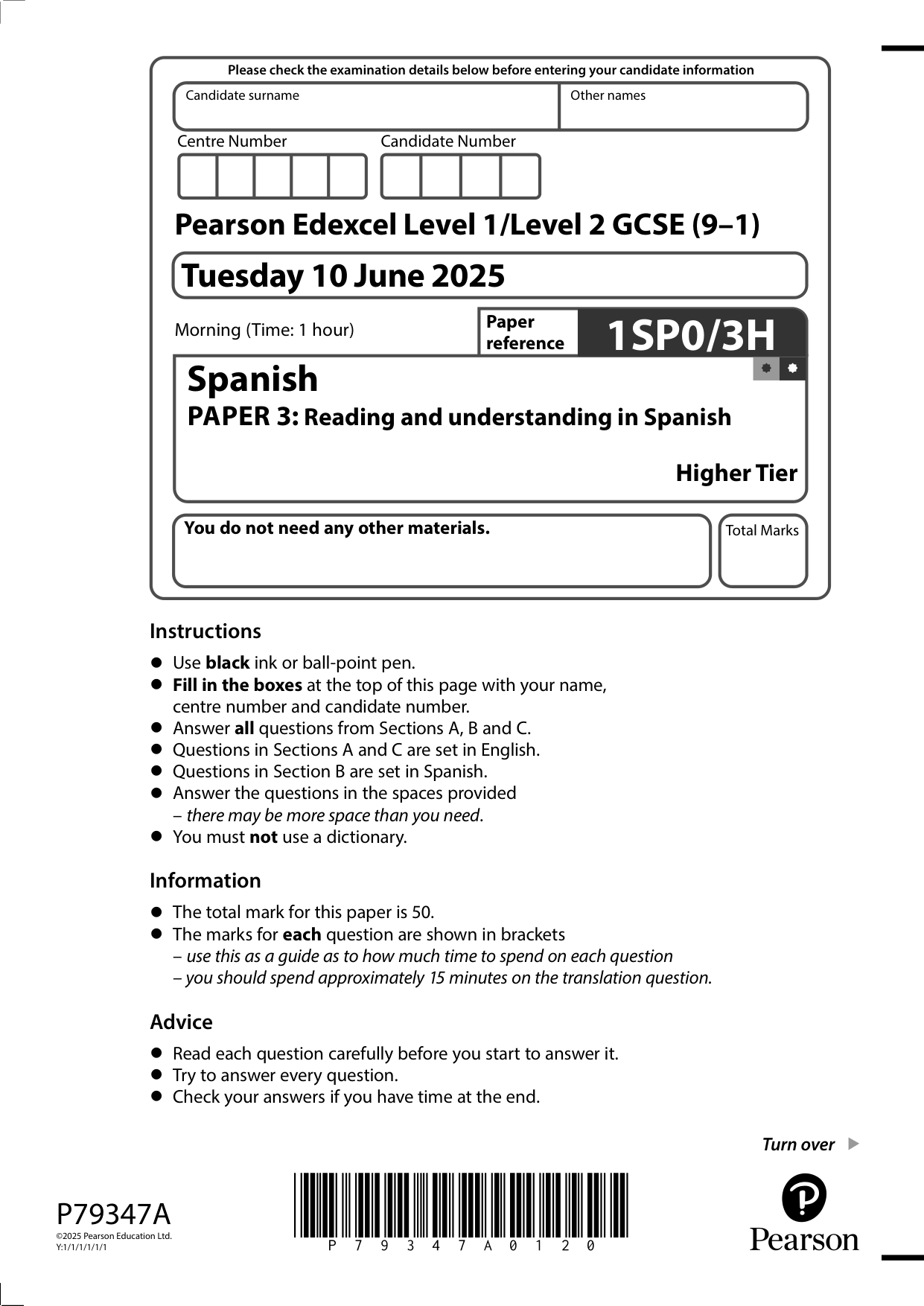 Pearson Edexcel GCSE Spanish Paper 3H 2025 Question Paper