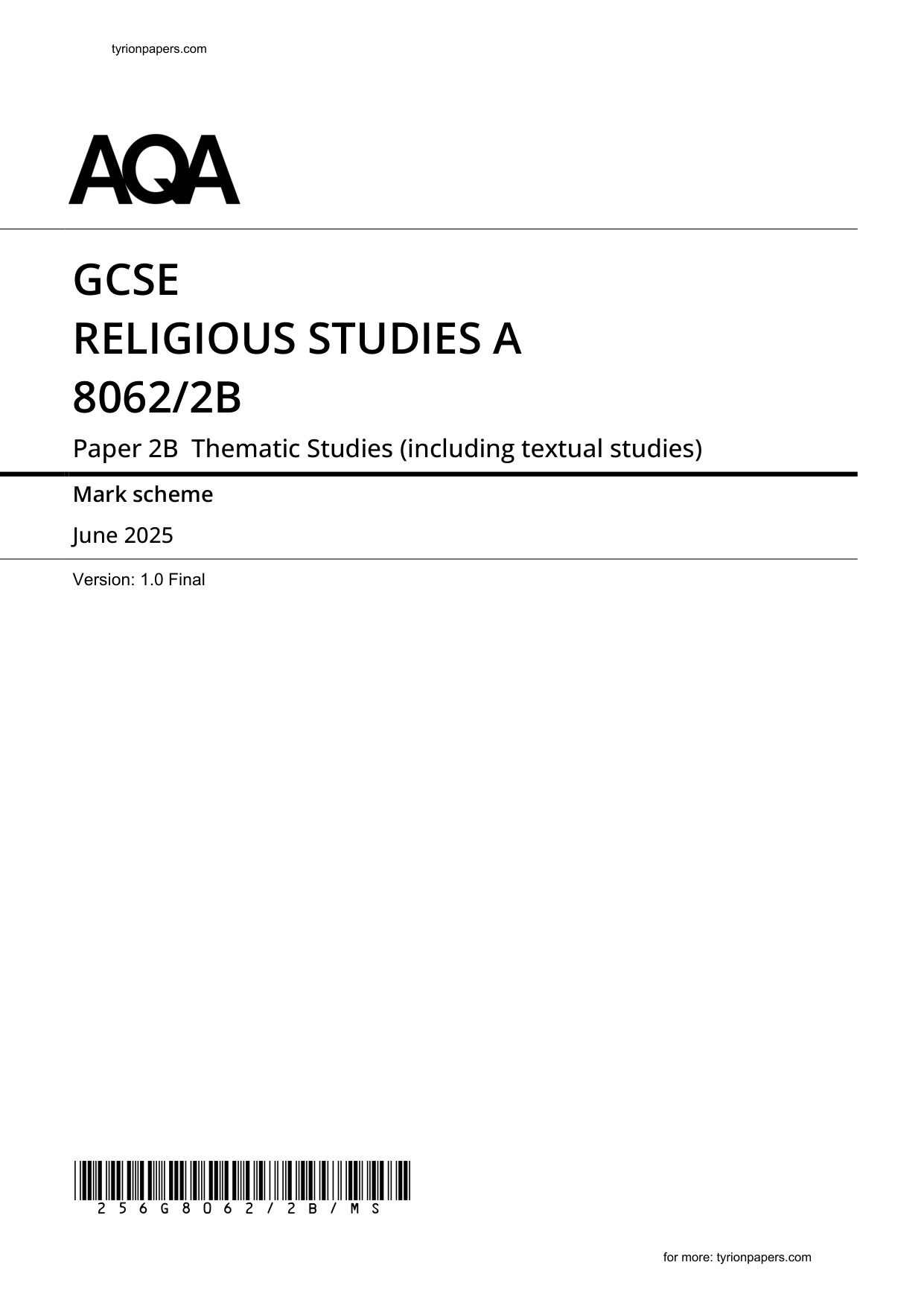 AQA GCSE Religious Studies Paper 2b 2025 Mark Scheme