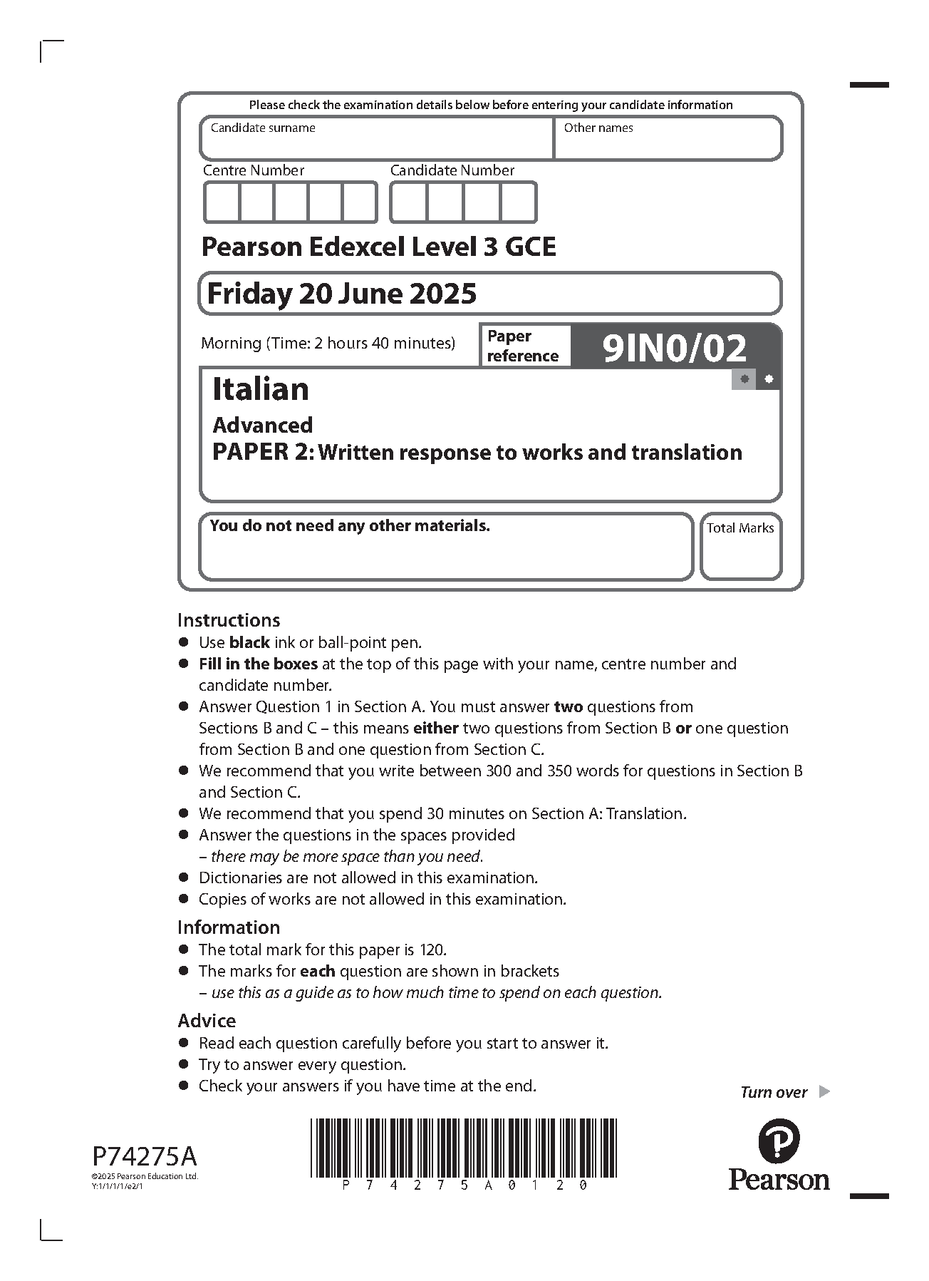 Pearson Edexcel A Level Italian Paper 2 2025 Question Paper IMG-1