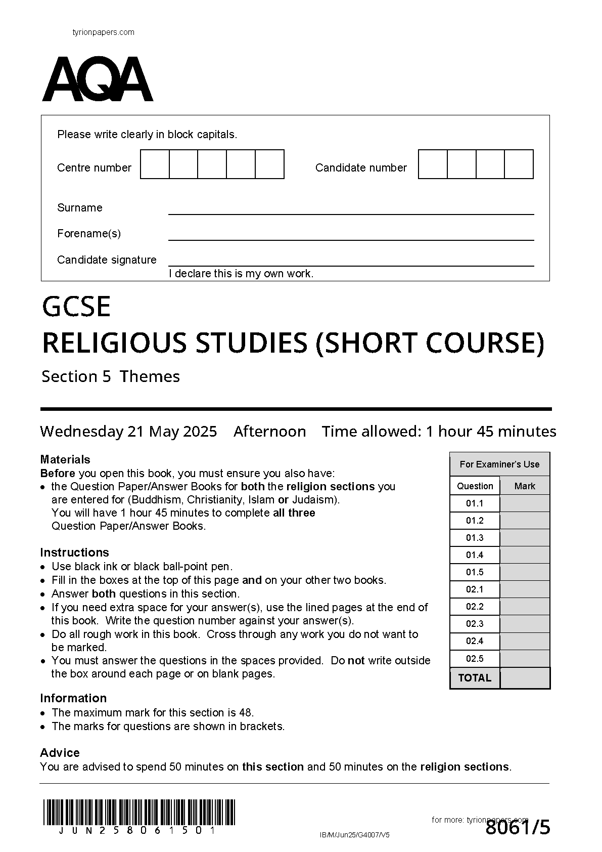 AQA GCSE Religious Studies Themes 2025 Question Paper IMG-1