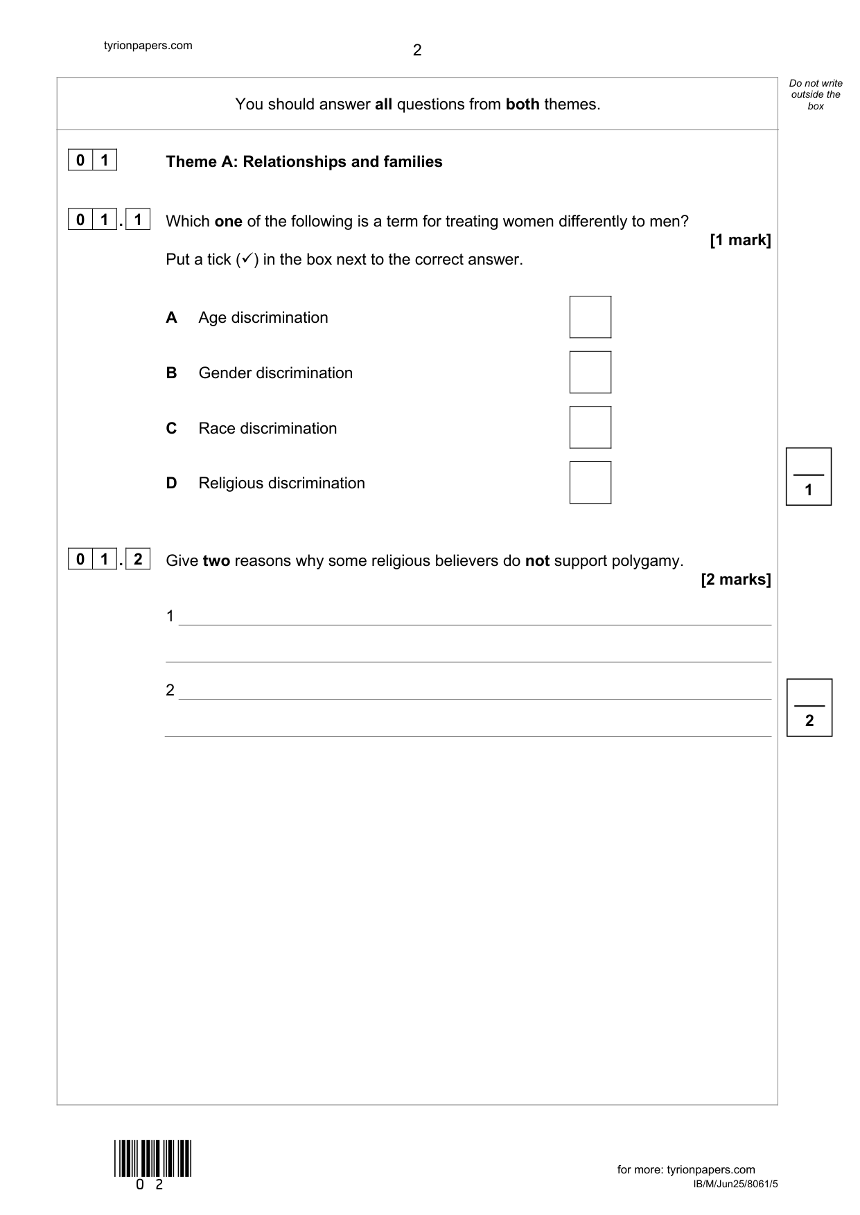 AQA GCSE Religious Studies Themes 2025 Question Paper
