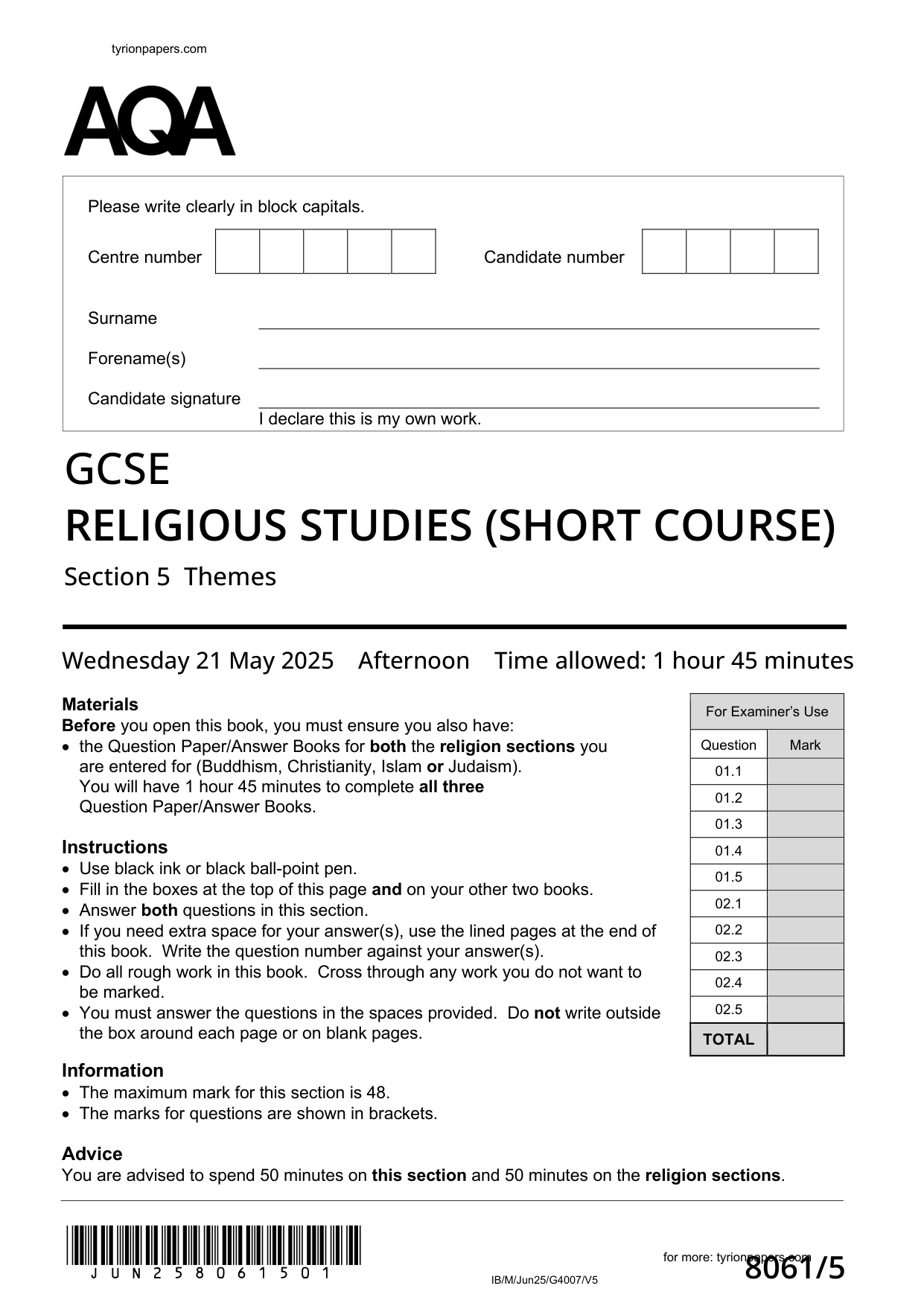 AQA GCSE Religious Studies Themes 2025 Question Paper