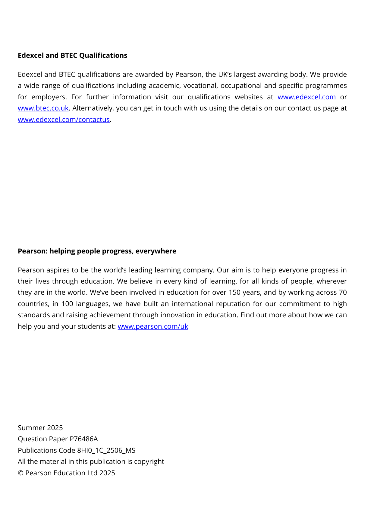 Pearson Edexcel AS History Paper 1C 2025 Mark Scheme PDF