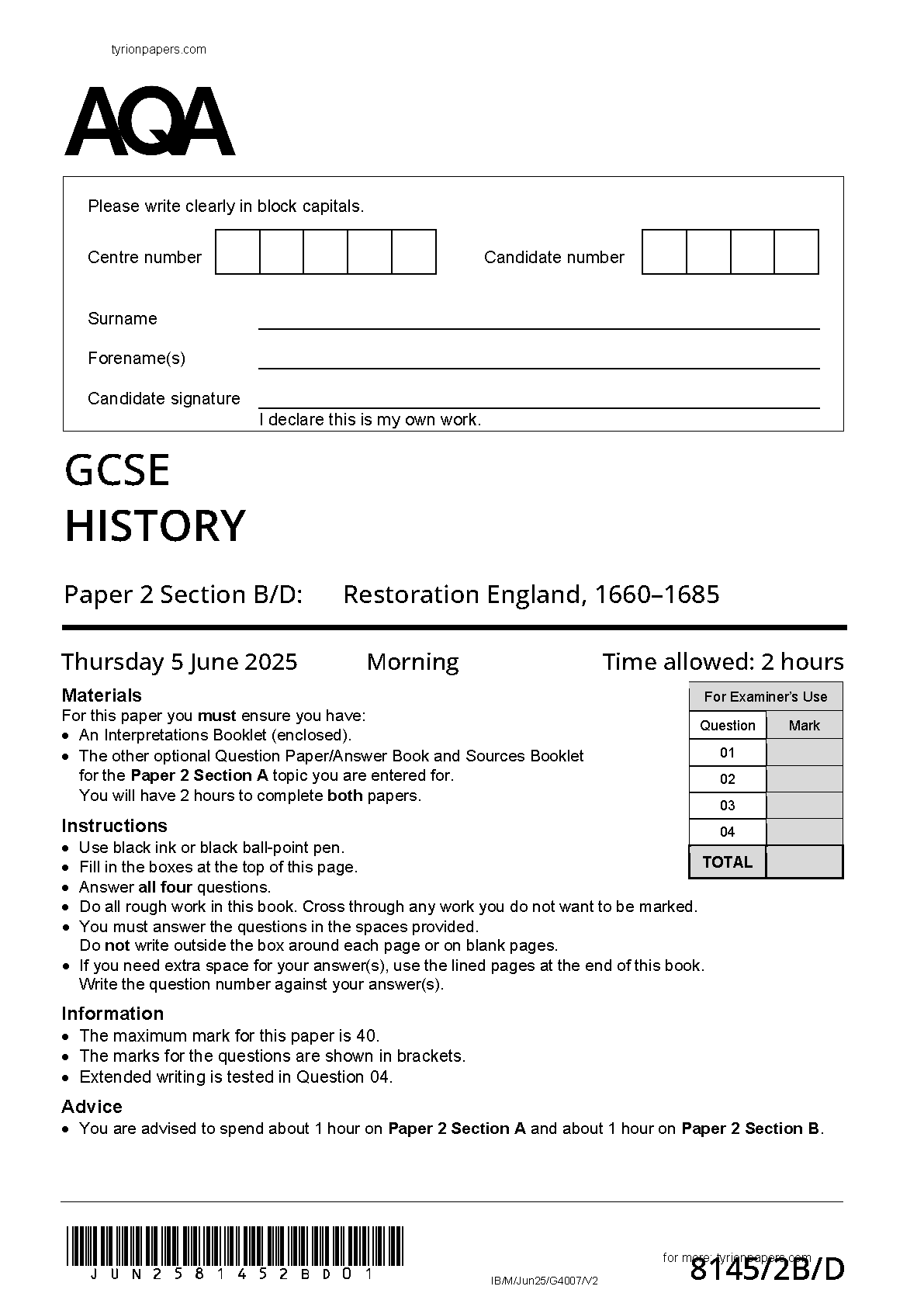 AQA GCSE History Paper 2B Section B/D 2025 Question Paper