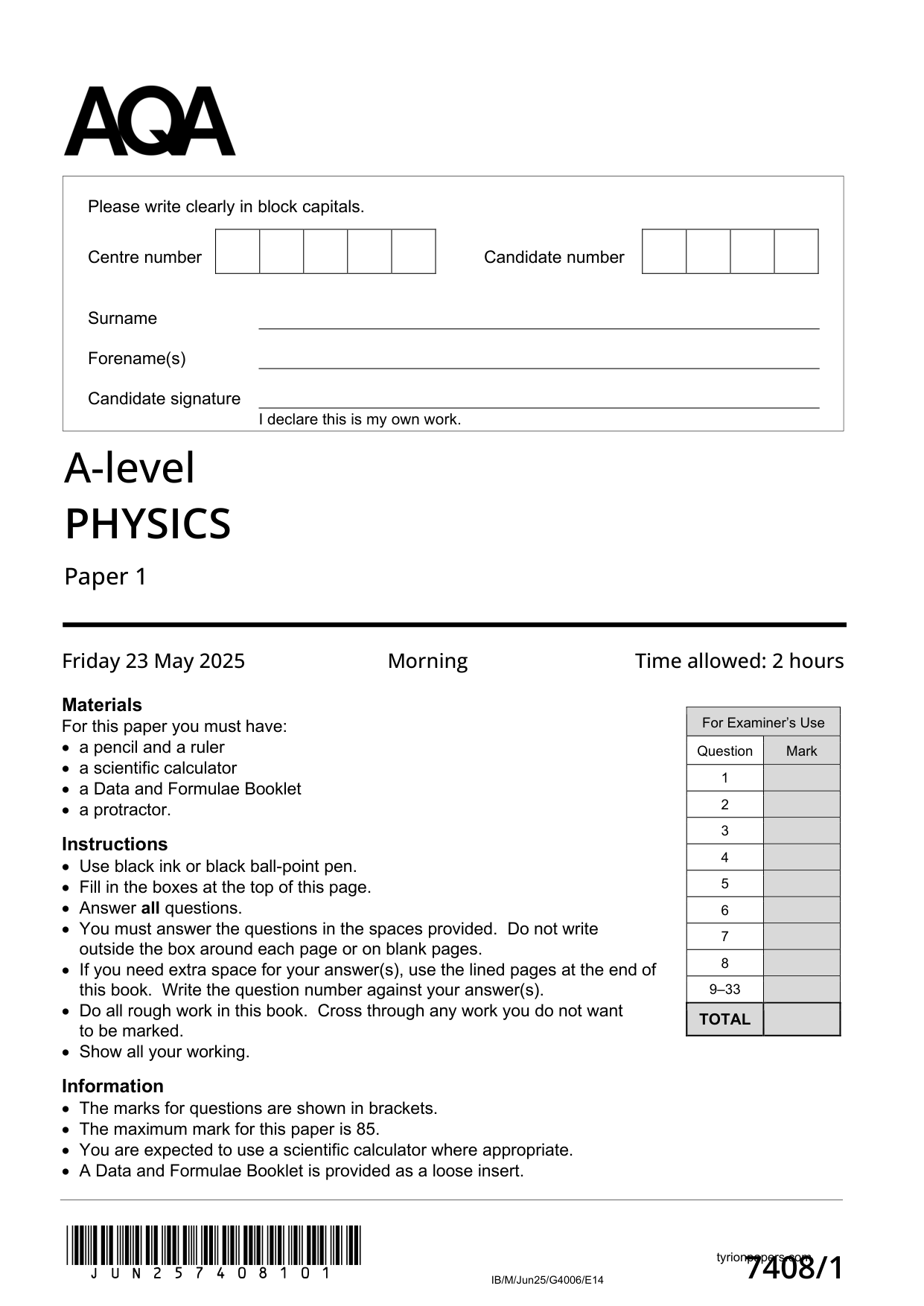 AQA A Level Physics Paper 2 (7408/2) 2025 Question Paper