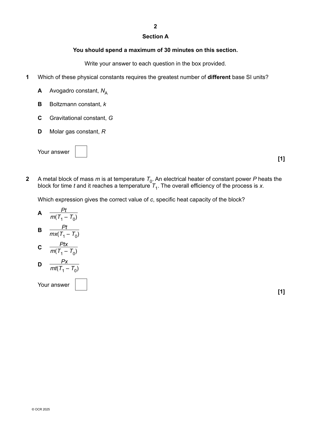 OCR A Level Physics A Paper 1 2025 Question Paper