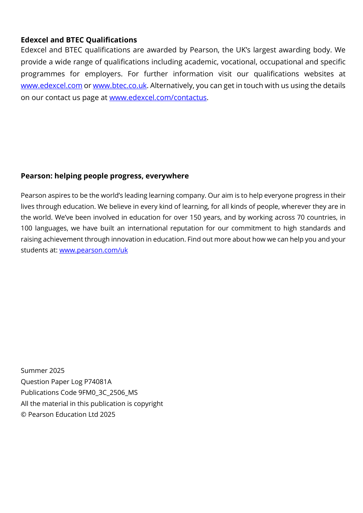 Pearson Edexcel A Level Further Mathematics Paper 3C 2025 Ms