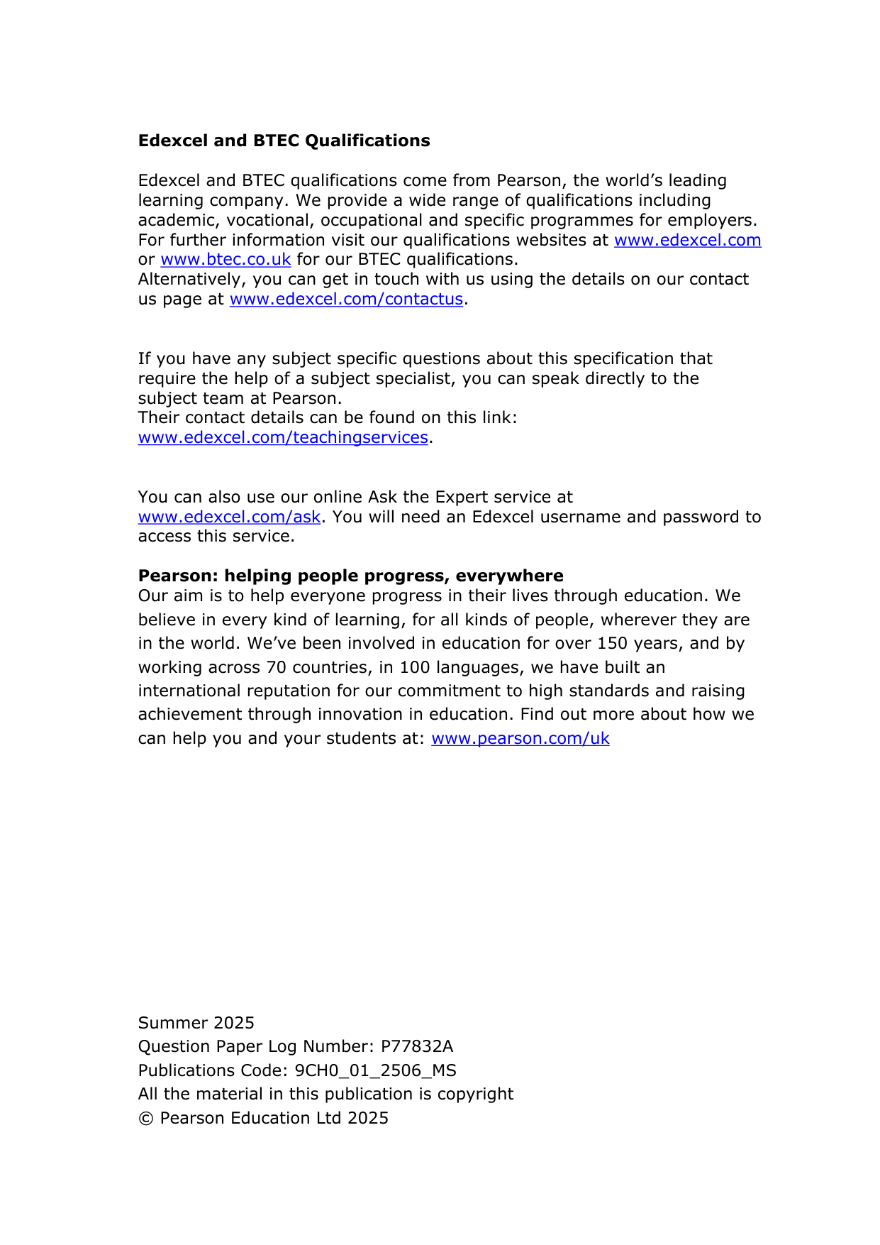 Pearson Edexcel A Level Chemistry Paper 1 2025 Mark scheme