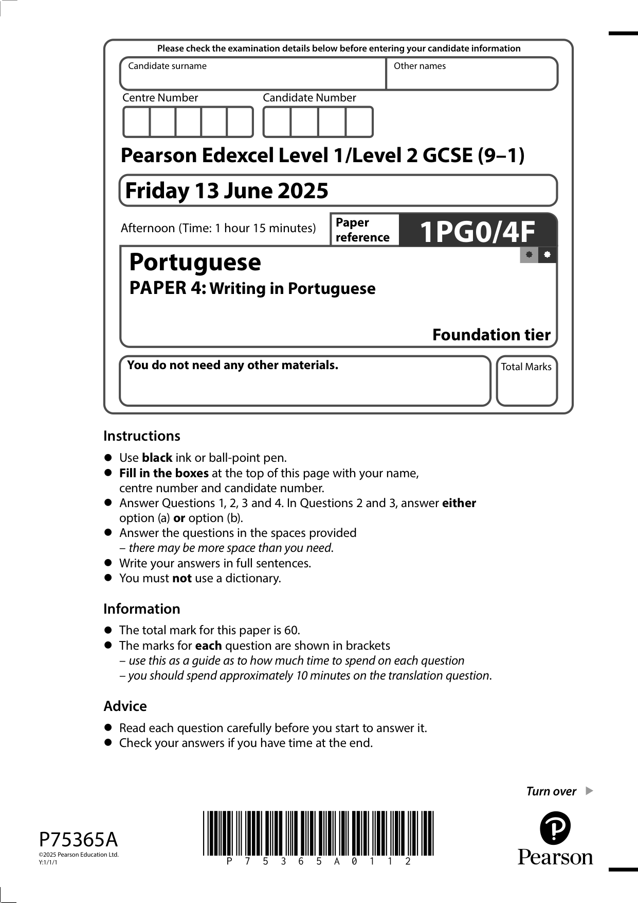 Pearson Edexcel GCSE Portuguese Paper 4F 2025 Question Paper