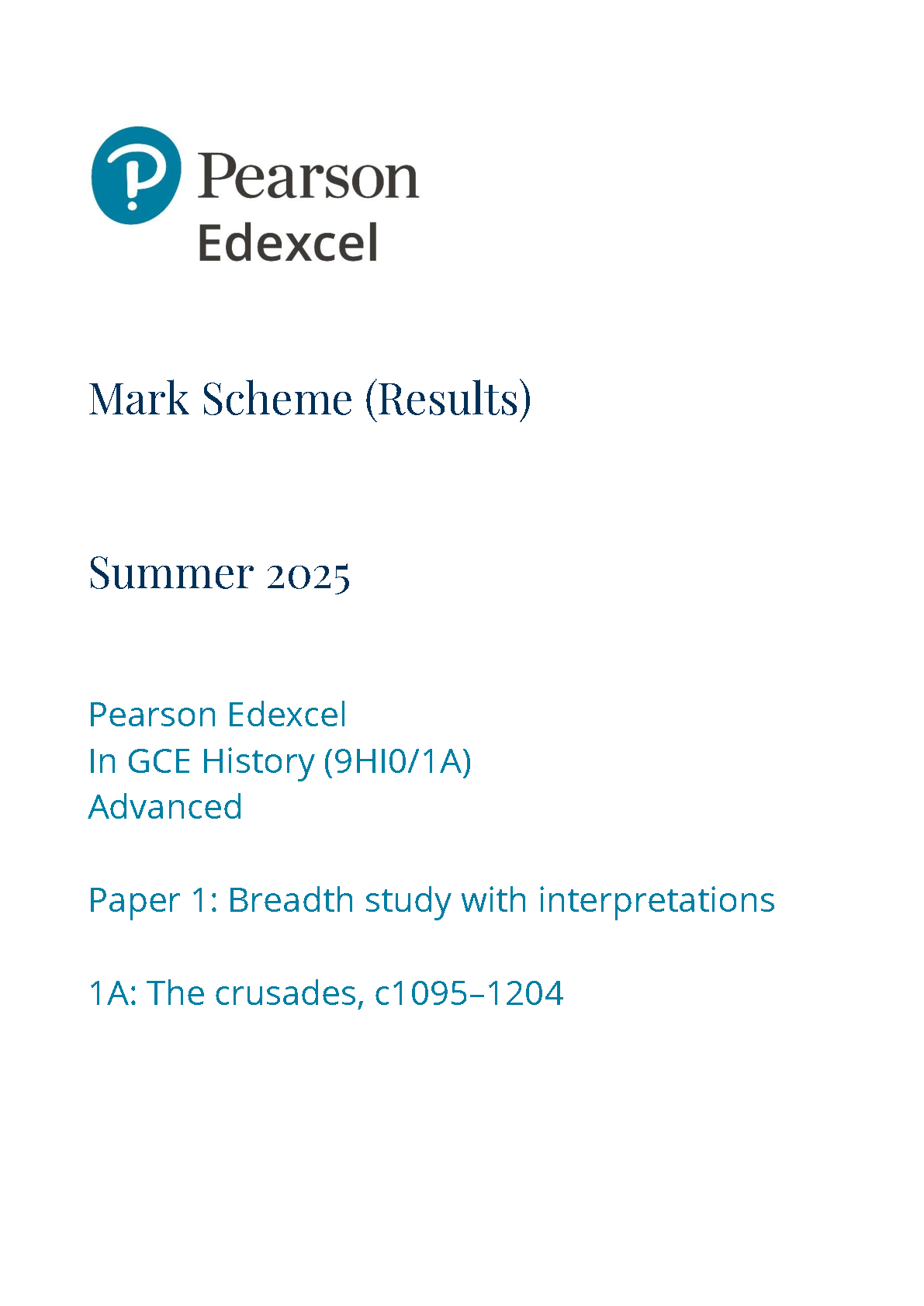 Pearson Edexcel A Level History Paper 1A 2025 Mark Scheme IMG-1
