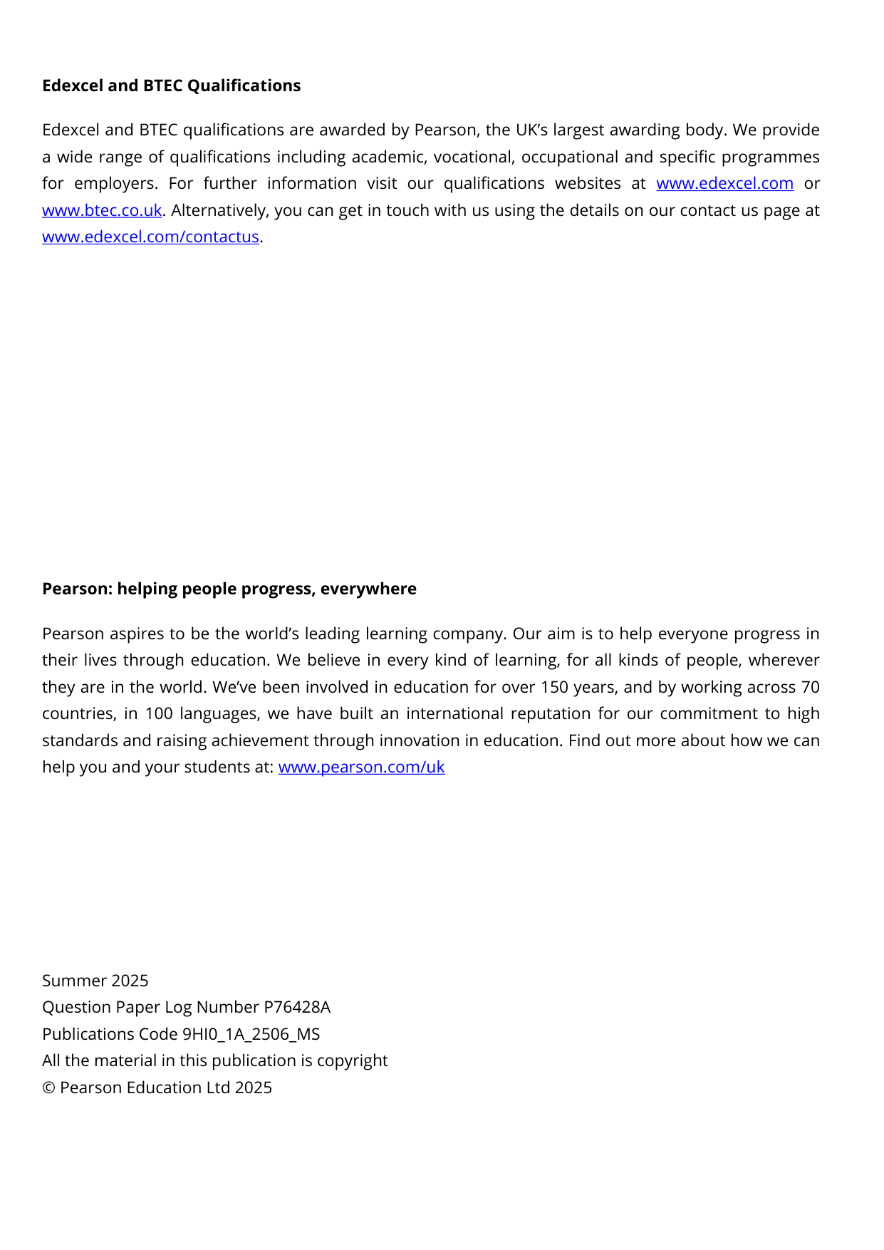 Pearson Edexcel A Level History Paper 1A 2025 Mark Scheme