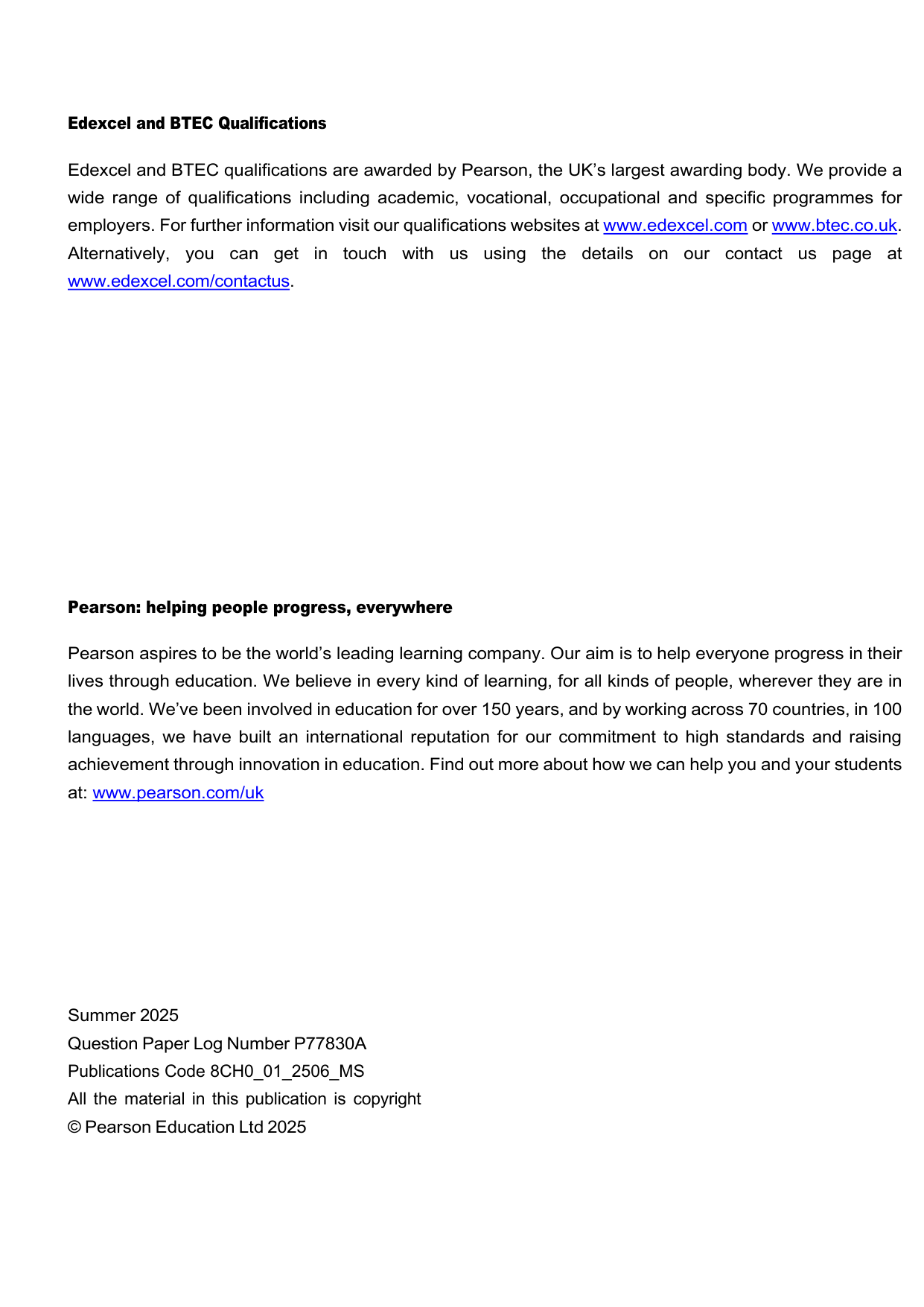 Pearson Edexcel AS Chemistry Paper 1 2025 Mark scheme