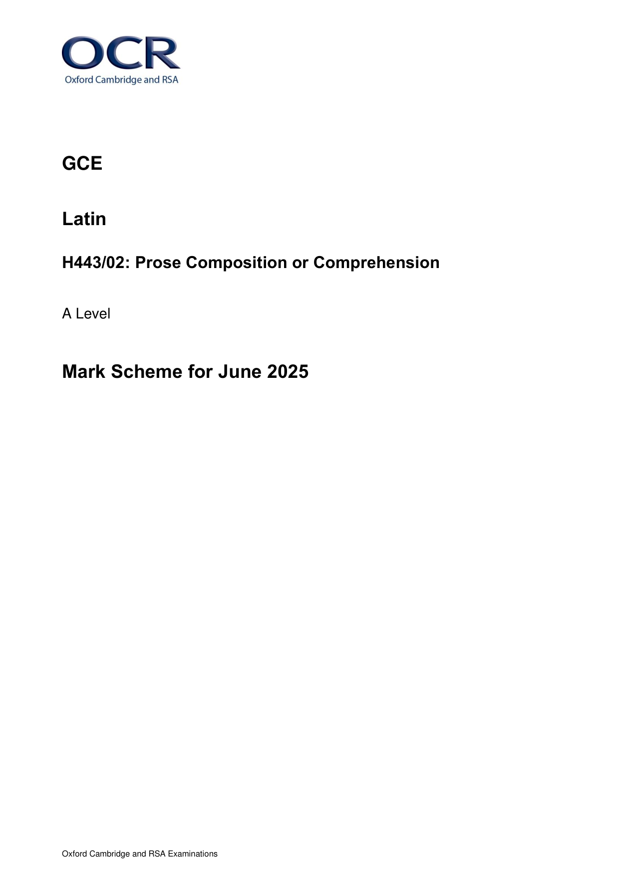 OCR A Level Latin Paper 2 2025 Mark Scheme