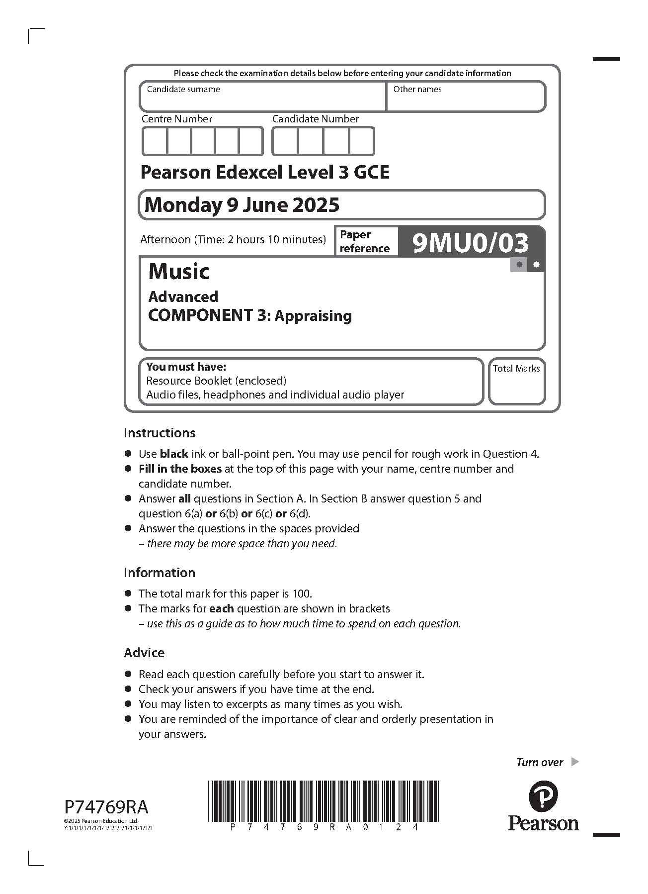 Pearson Edexcel  A Level Music Component 3 2025 Question PDF IMG-1