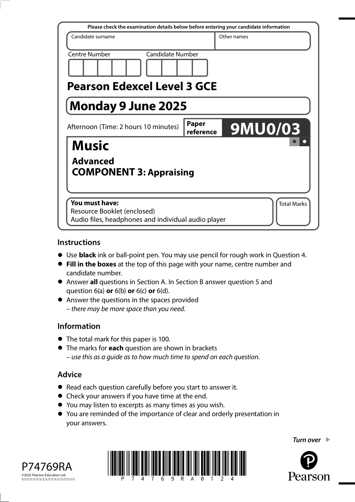 Pearson Edexcel  A Level Music Component 3 2025 Question PDF