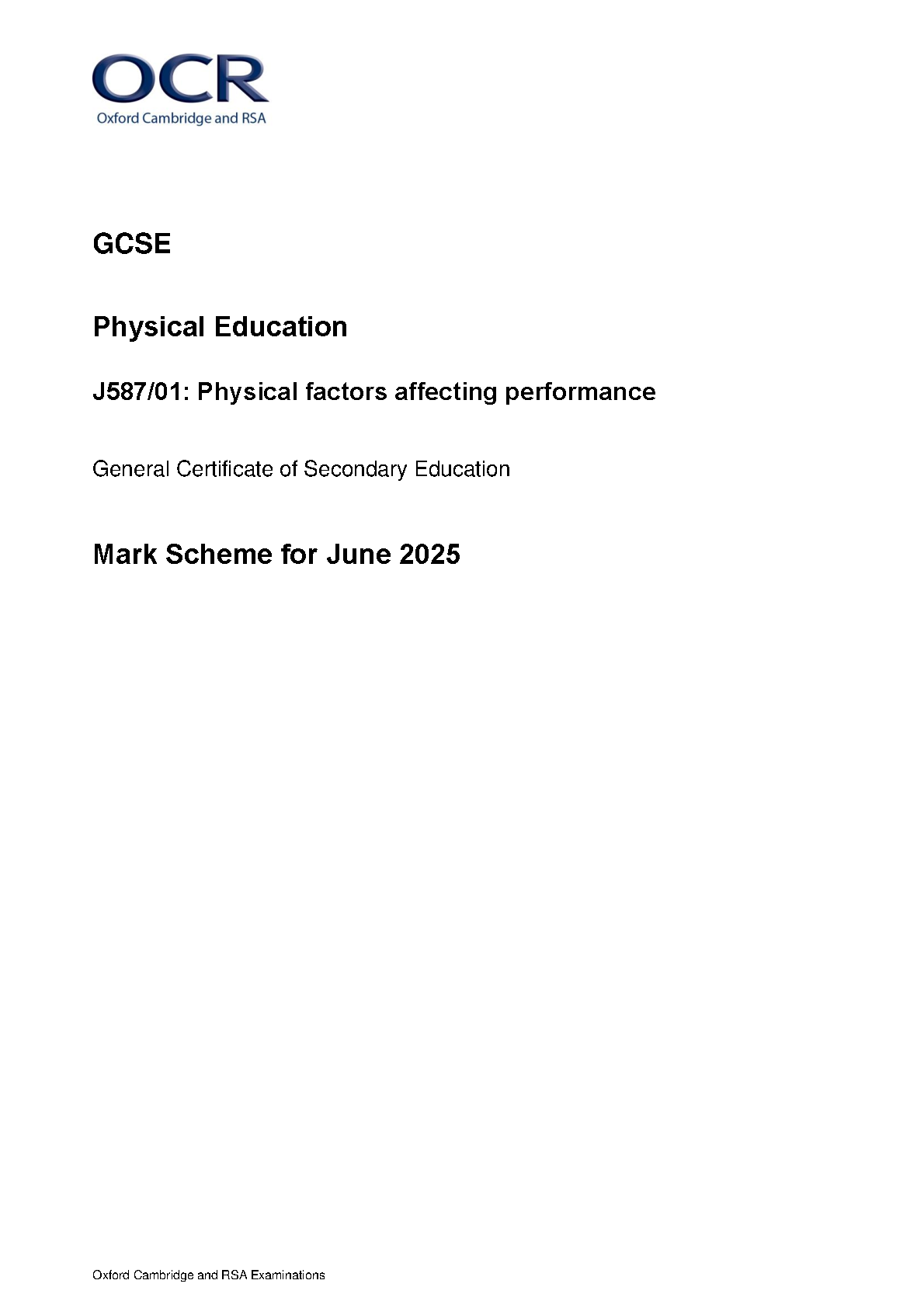 OCR GCSE Physical Education Paper 1 2025 Mark Scheme PDF