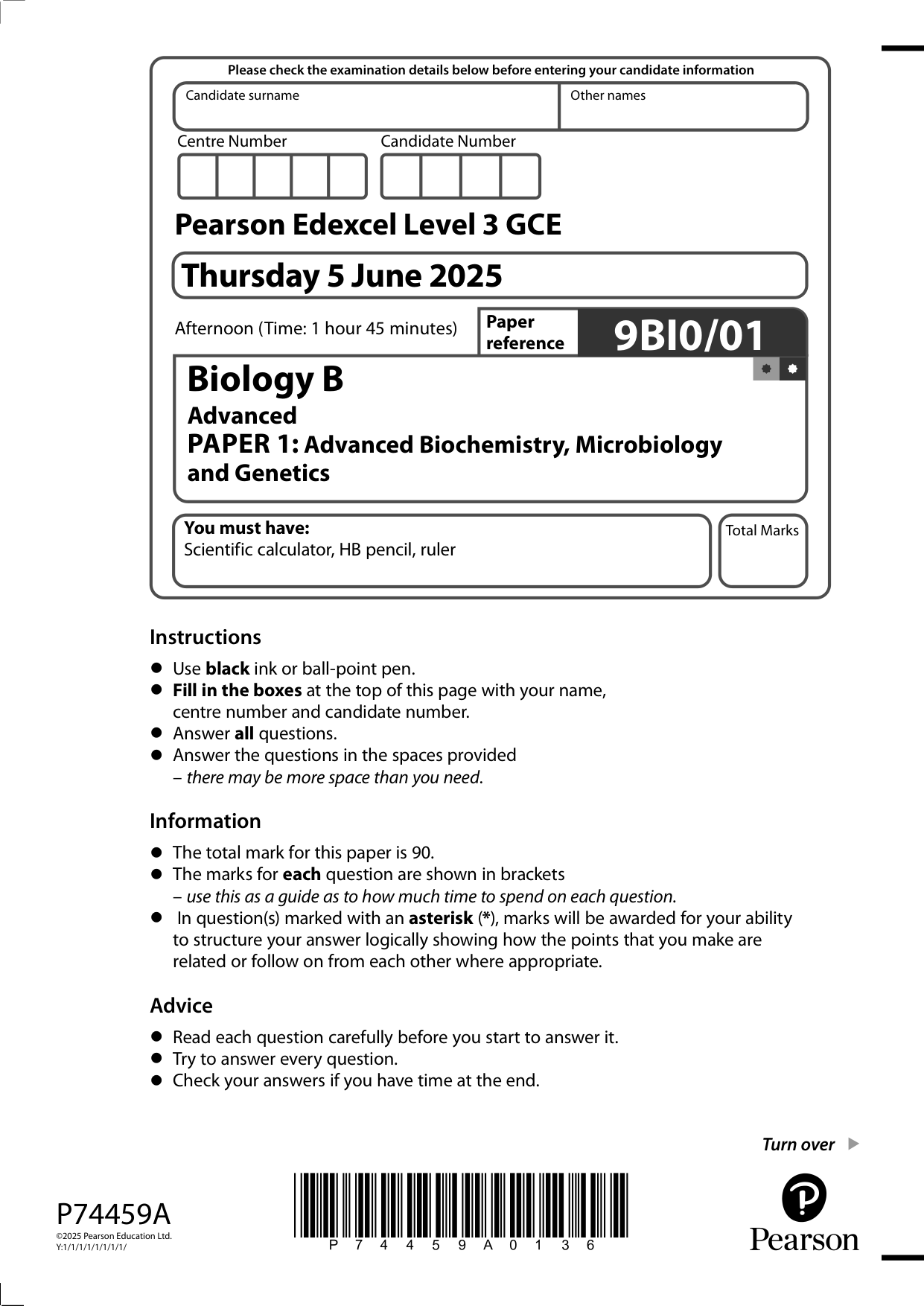 Pearson Edexcel A Level Biology B Paper 1 2025 QP