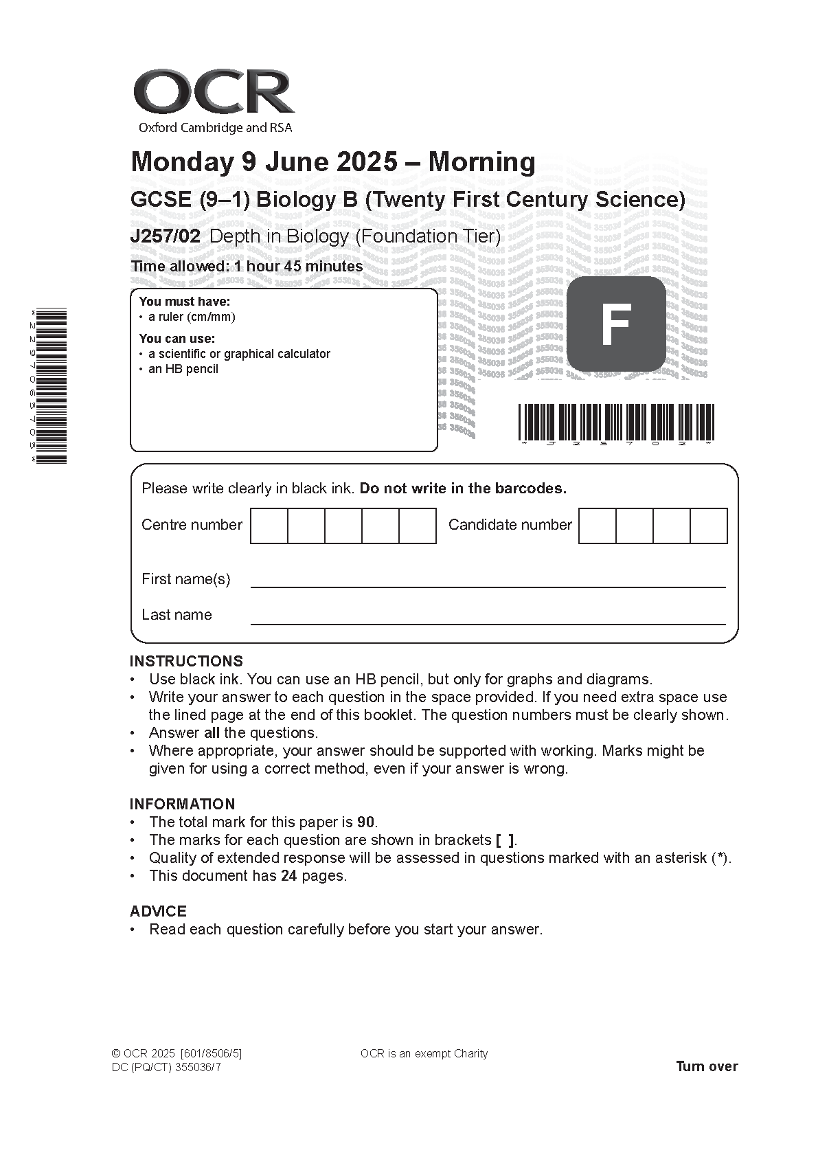 OCR GCSE Biology B Paper 2 2025 Foundation Tier PDF IMG-1