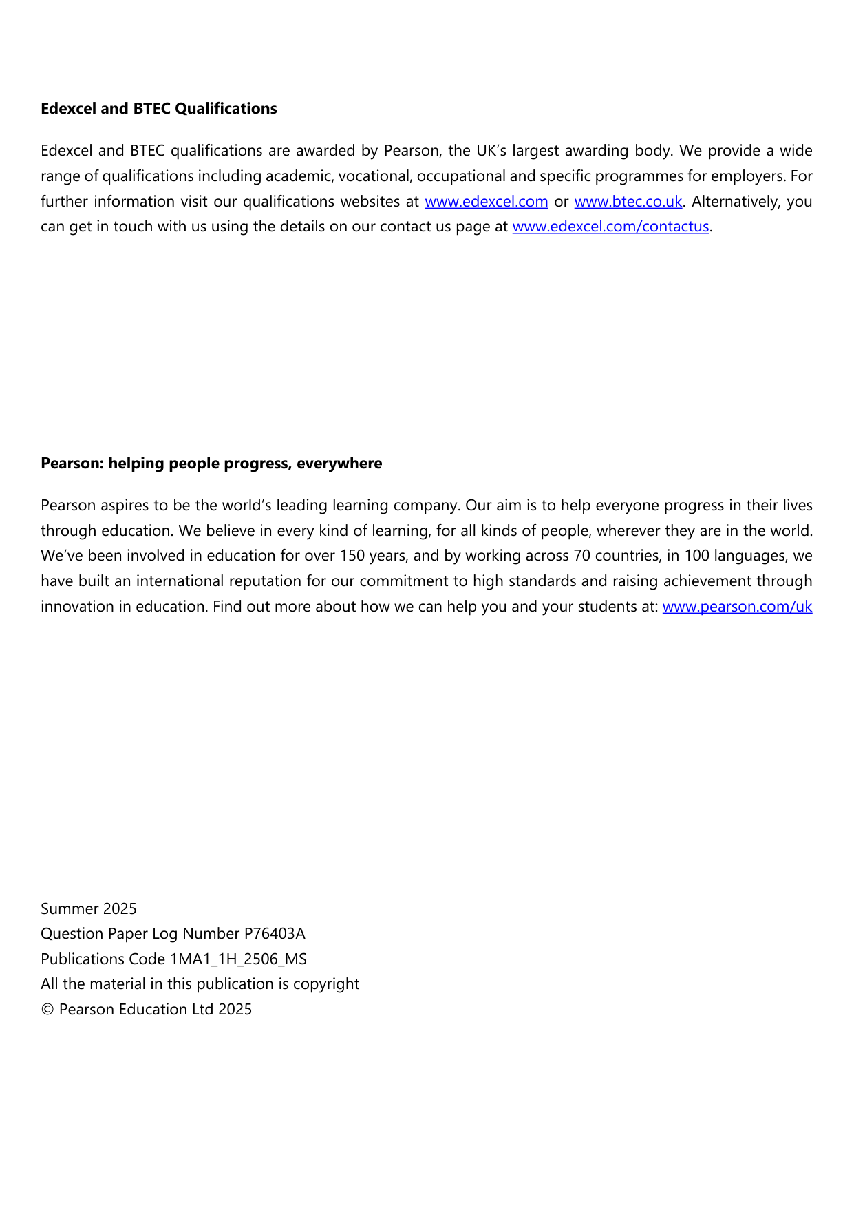 Pearson Edexcel GCSE Maths Paper 1H 2025 Mark Scheme PDF