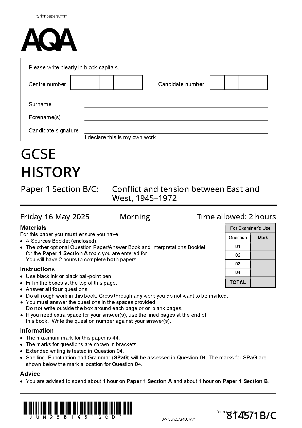 AQA GCSE History Paper 1B Section B/C 2025 Question Paper IMG-1