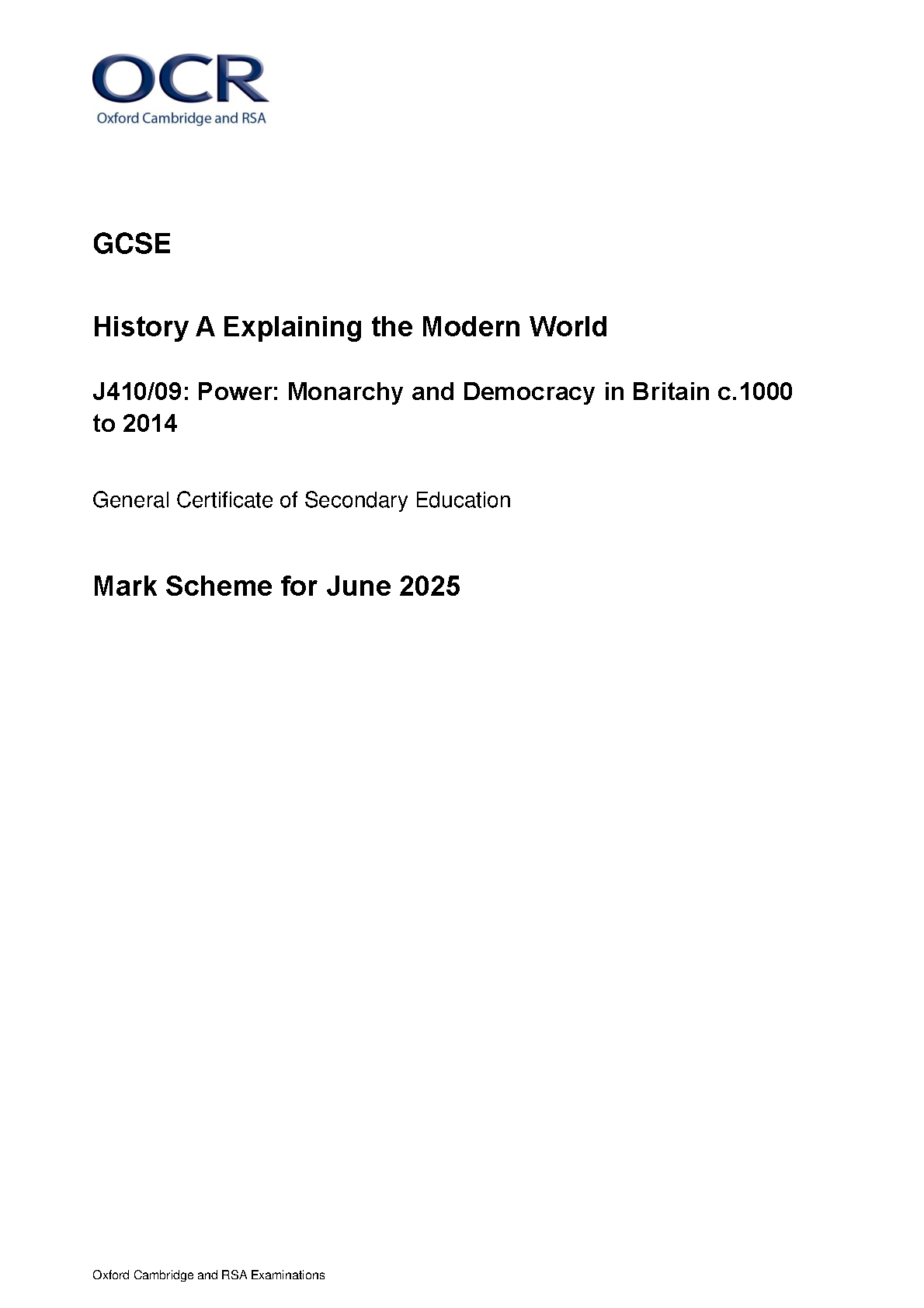 OCR GCSE History Paper 9 2025 Mark Scheme PDF
