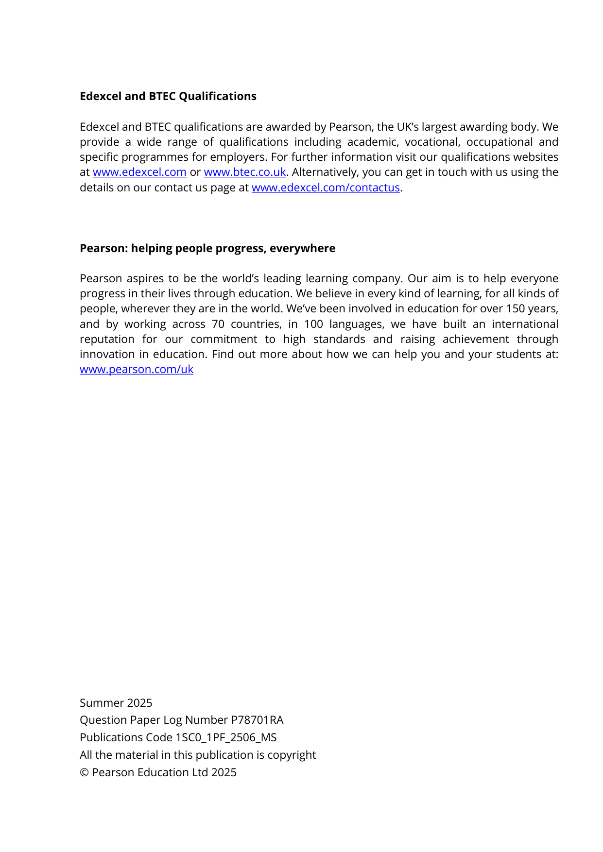 Pearson Edexcel GCSE Combined Science Paper 3 2025 MS