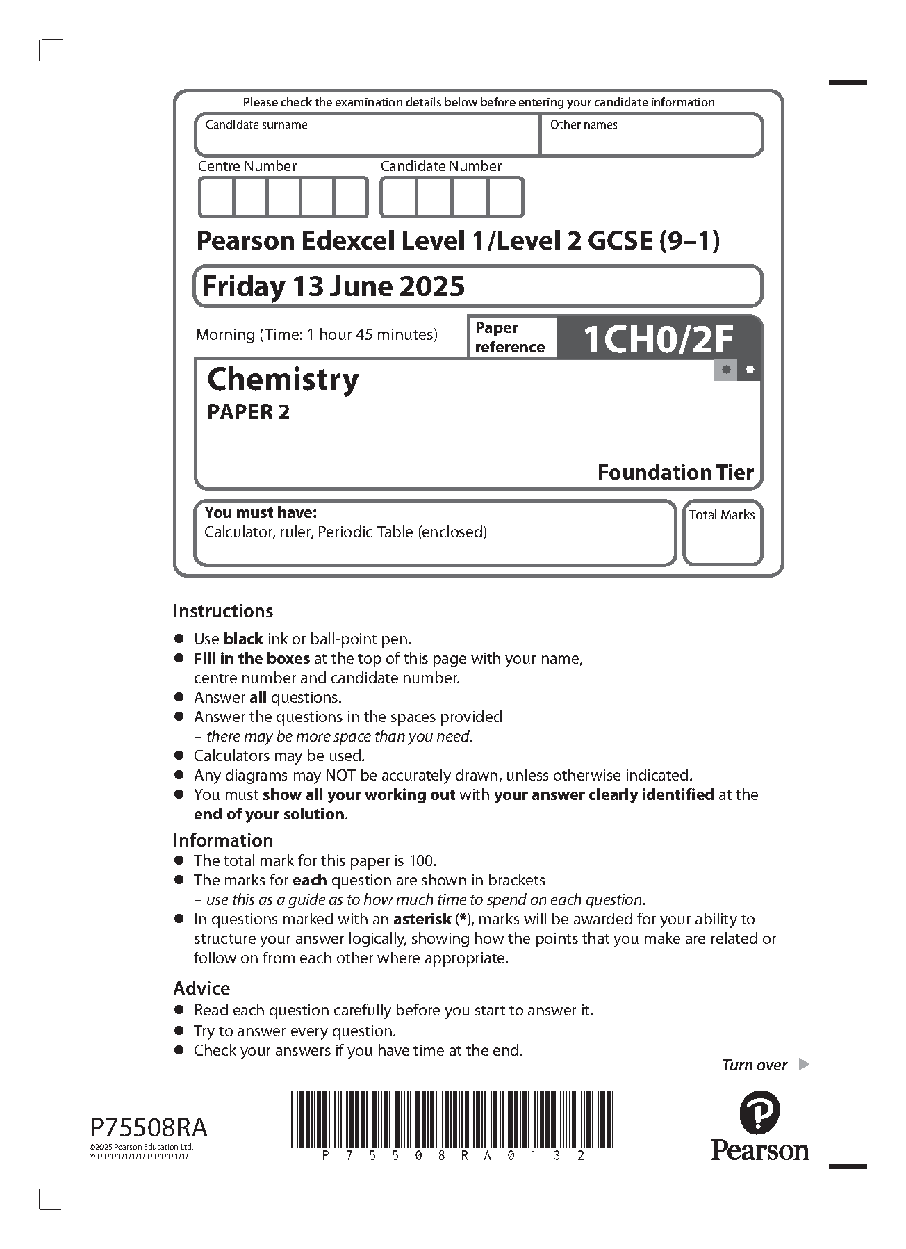 Pearson Edexcel GCSE Chemistry Paper 2F  2025 Question Paper IMG-1