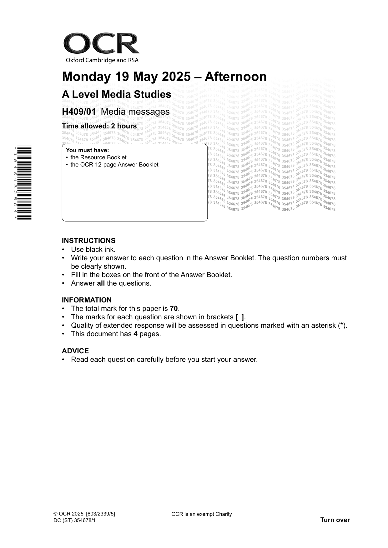 OCR A Level Media Studies Paper 1 2025 Question Paper