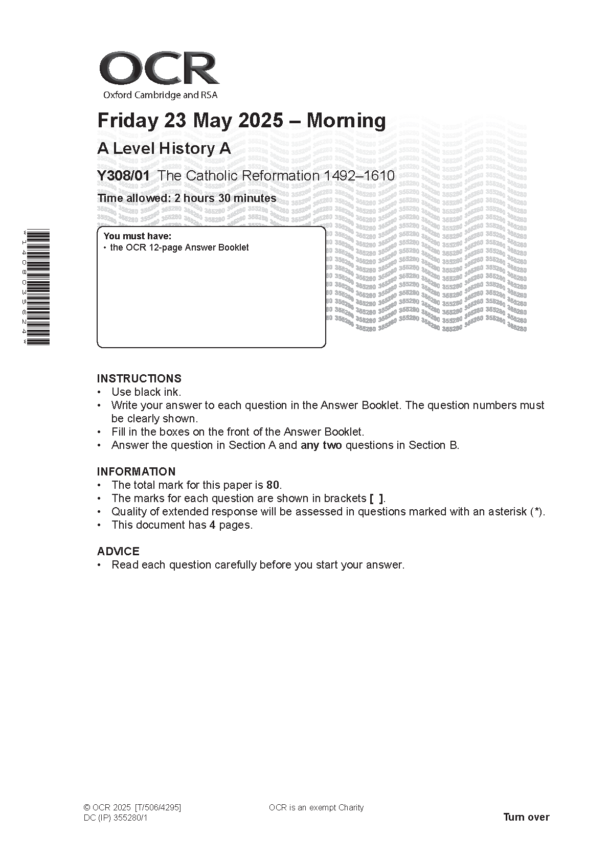 OCR A Level History A Catholic Reformation 2025 QP