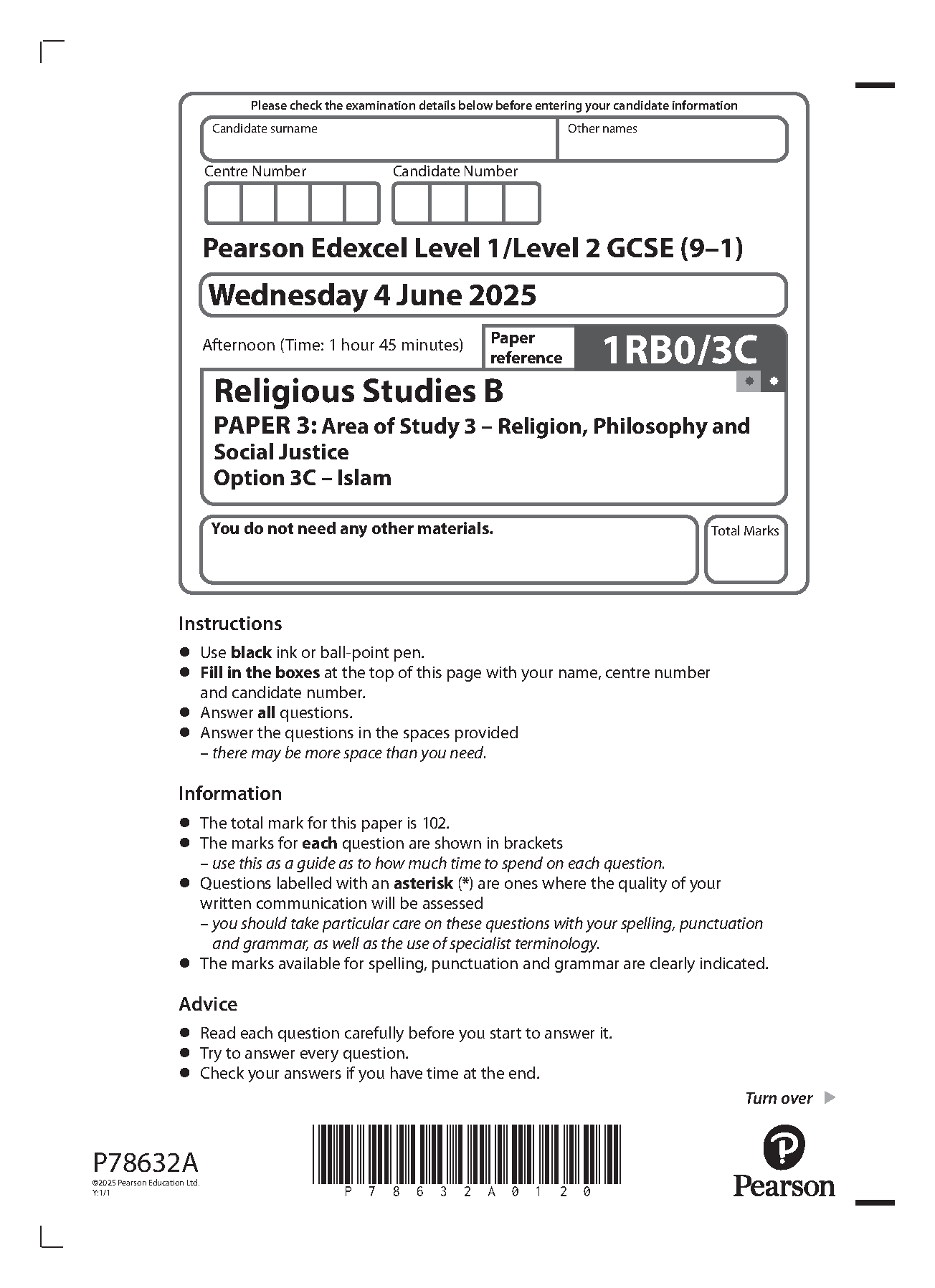 Pearson Edexcel GCSE Religious Studies B Paper 3C 2025 QP IMG-1