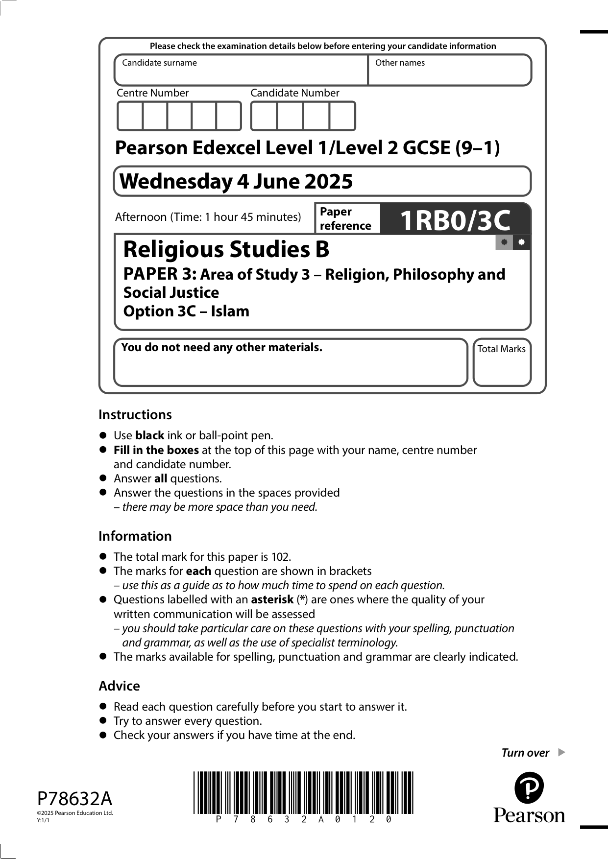 Pearson Edexcel GCSE Religious Studies B Paper 3C 2025 QP