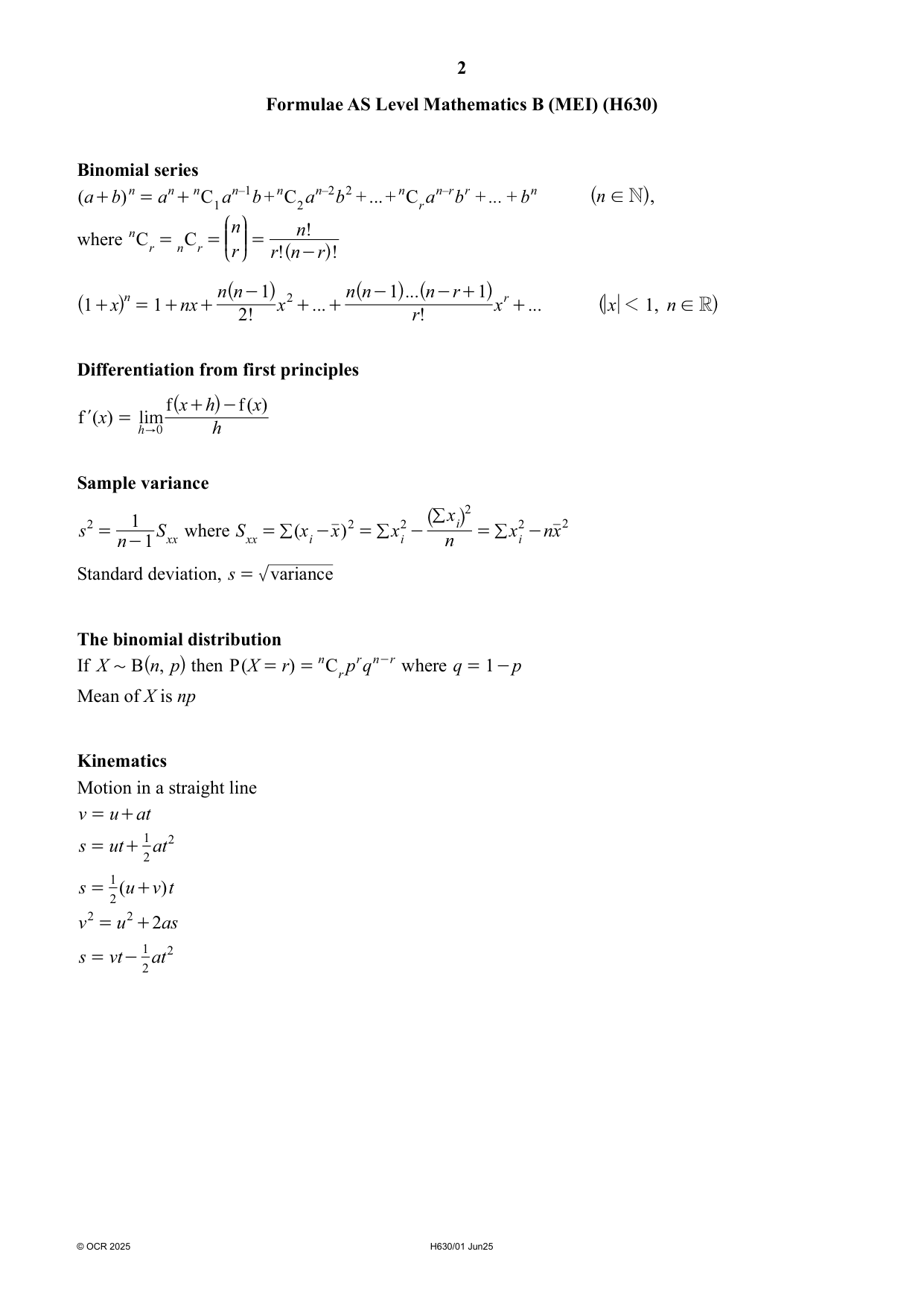 OCR AS Mathematics B MEI Paper 1 2025 Question Paper