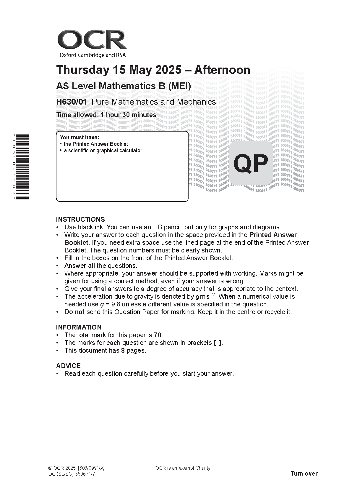 OCR AS Mathematics B MEI Paper 1 2025 Question Paper
