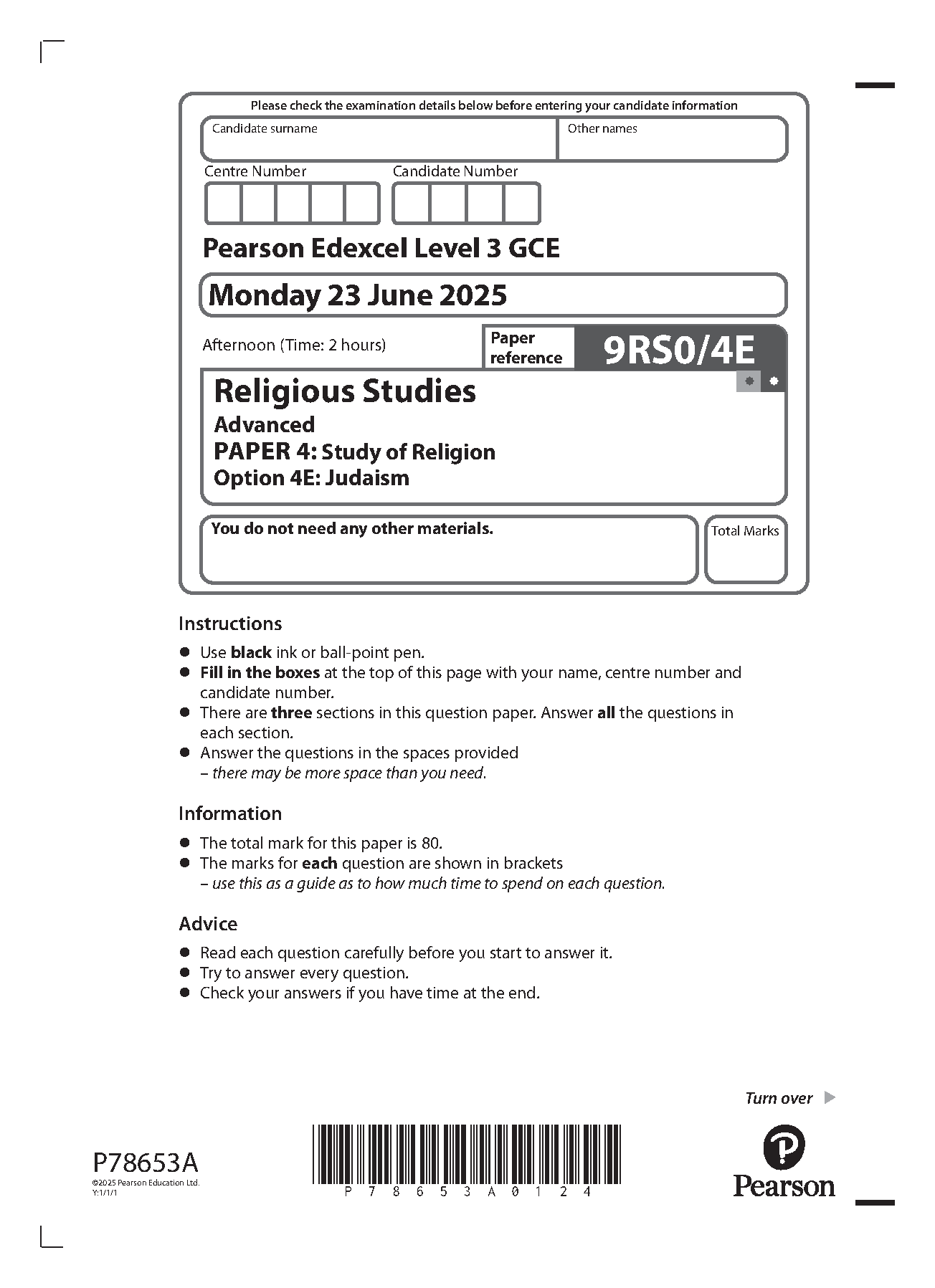 Pearson Edexcel A Level Religious Studies Paper 4E 2025 QP IMG-1