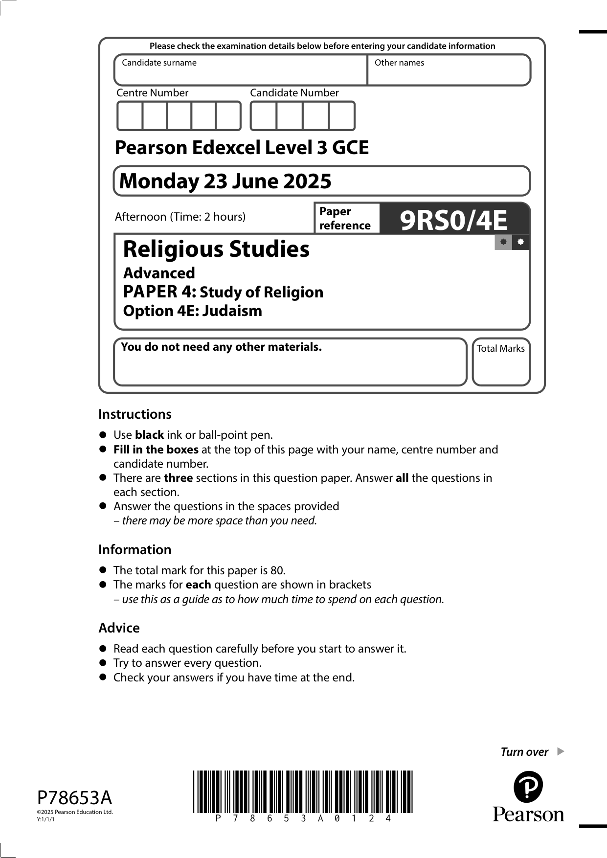 Pearson Edexcel A Level Religious Studies Paper 4E 2025 QP