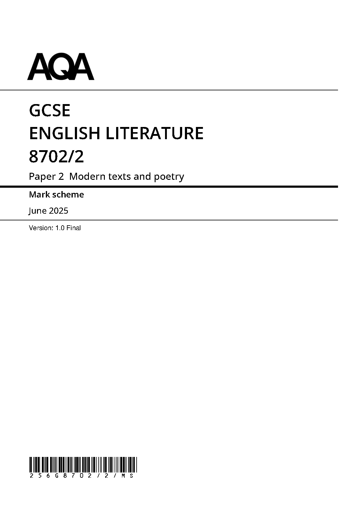 AQA GCSE English Literature Paper 2 2025 Mark Scheme IMG-1