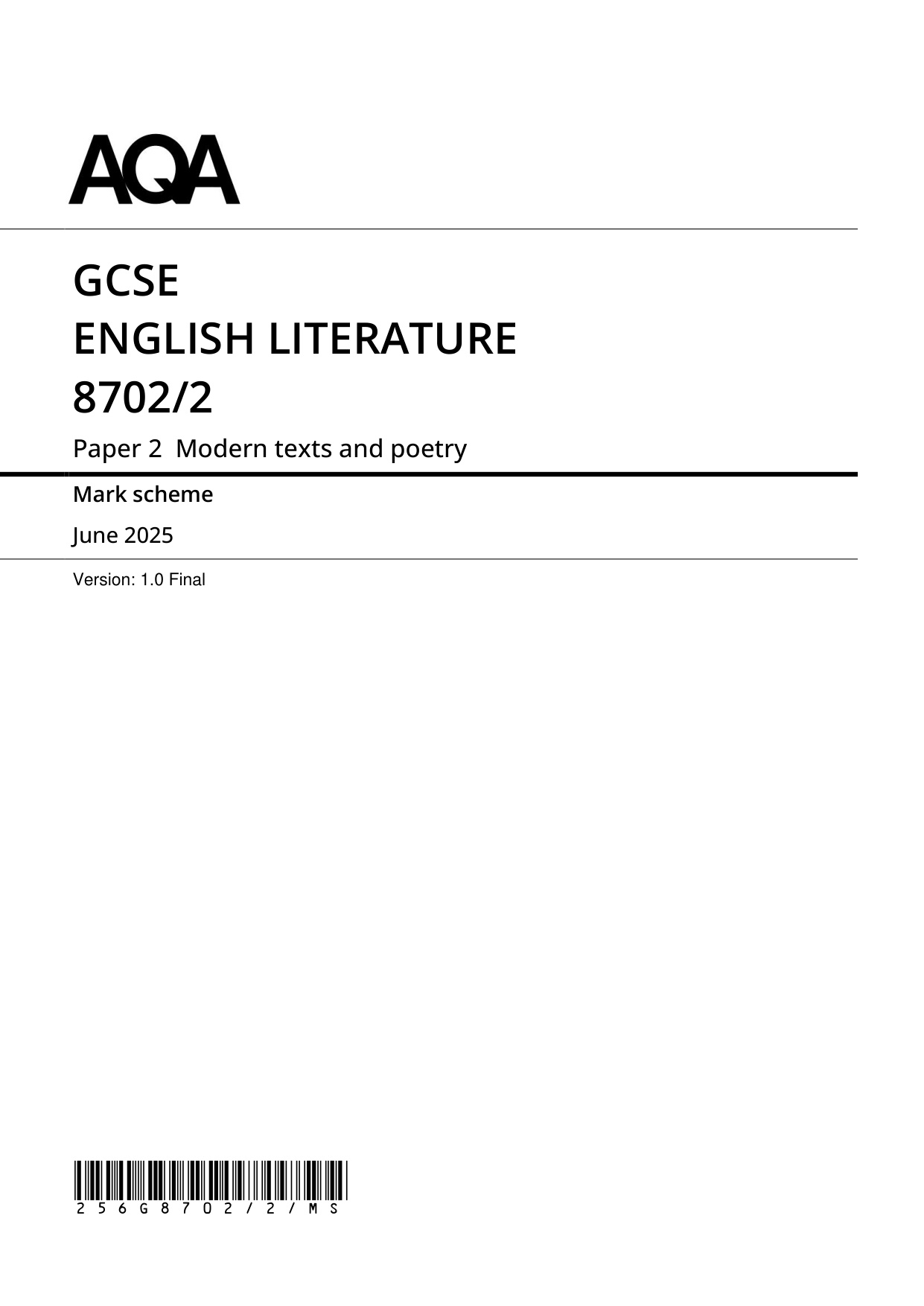 AQA GCSE English Literature Paper 2 2025 Mark Scheme