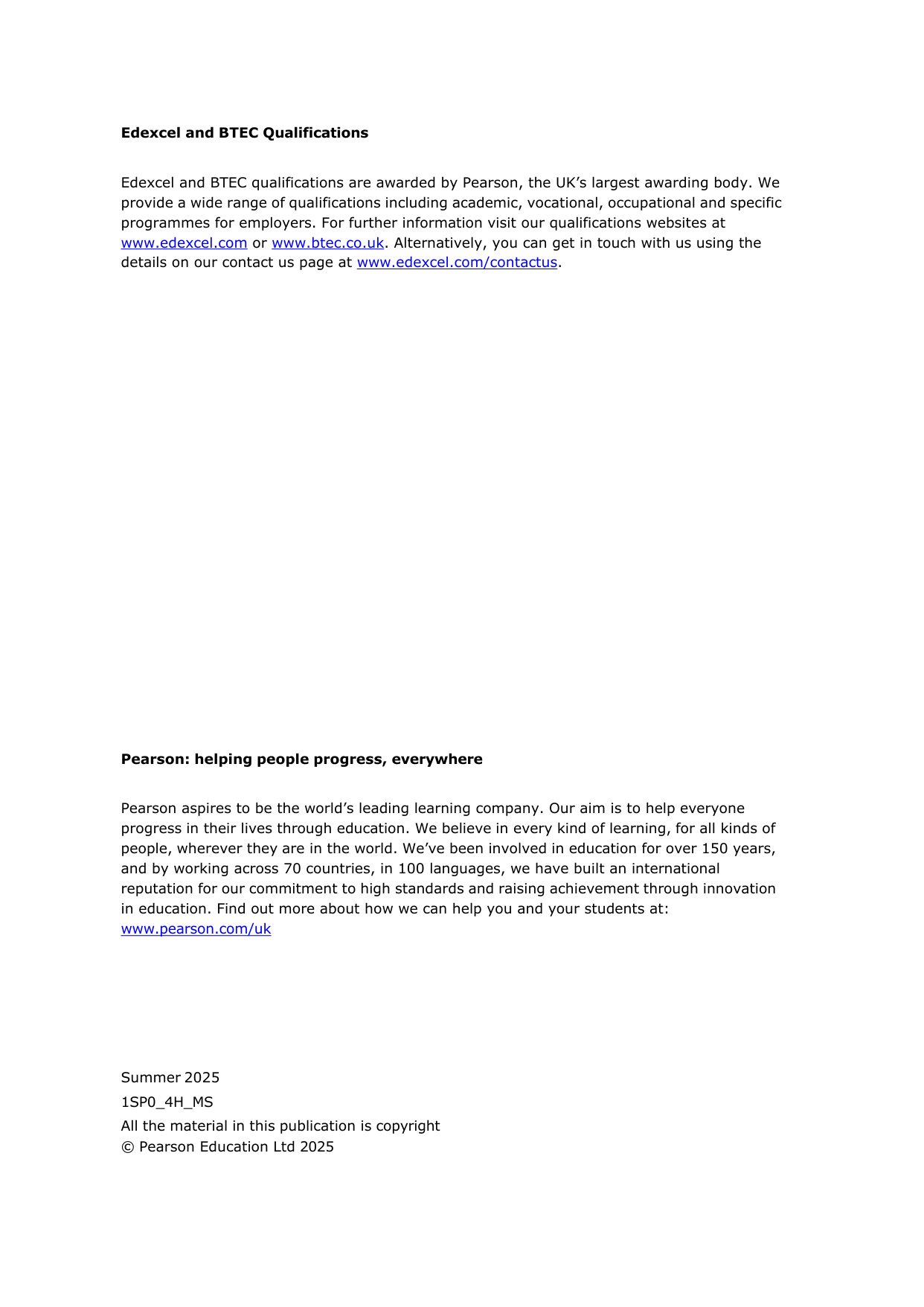 Edexcel GCSE Spanish Paper 4H 2025 Mark Scheme