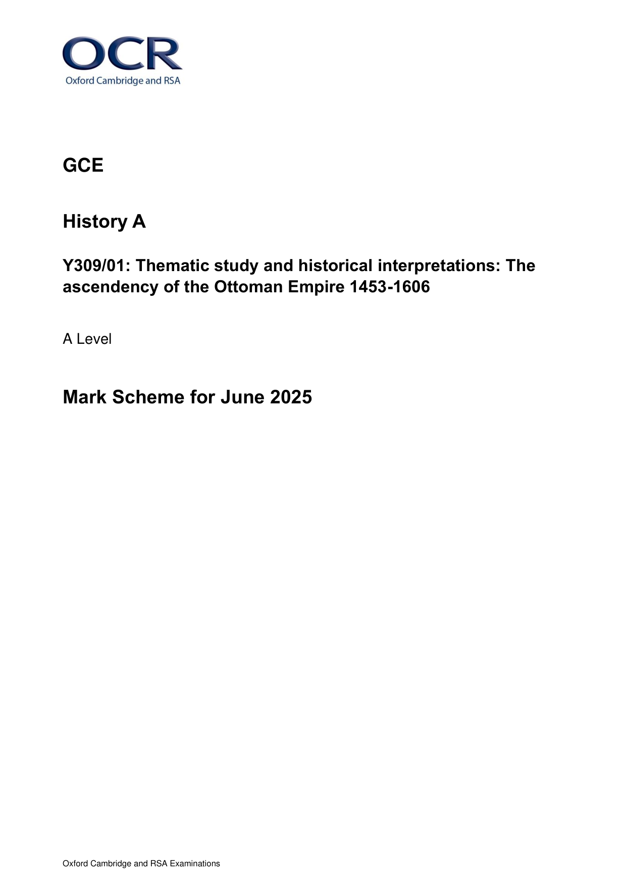 OCR A Level History A Ottoman Empire 2025 Mark Scheme