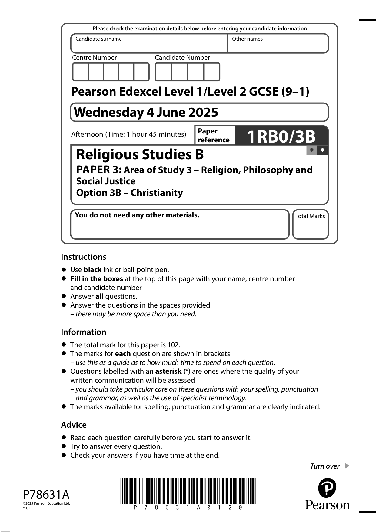 Pearson Edexcel GCSE Religious Studies B Paper 3B  2025 QP