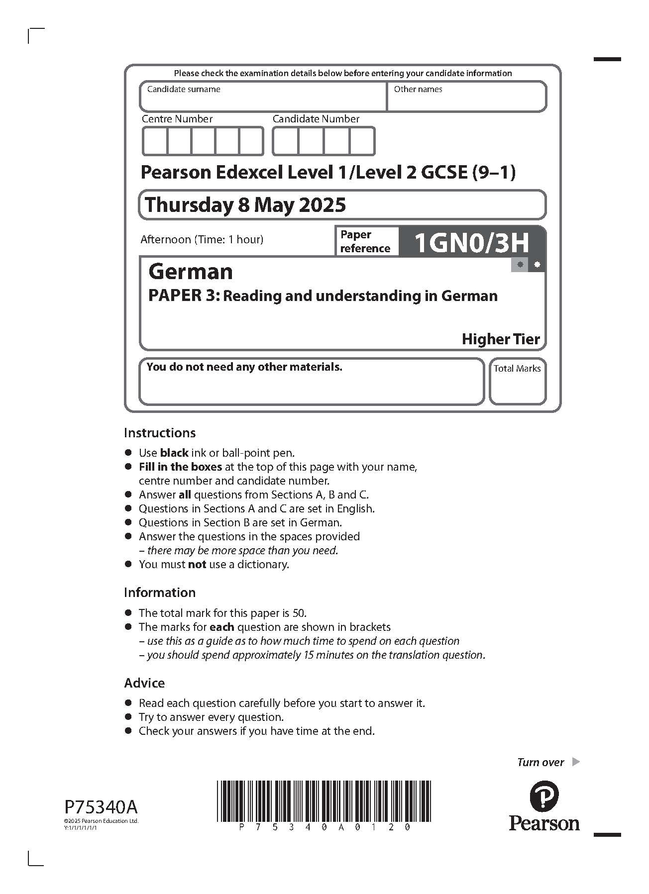 Pearson Edexcel GCSE German Paper 3H 2025 Question Paper PDF IMG-1
